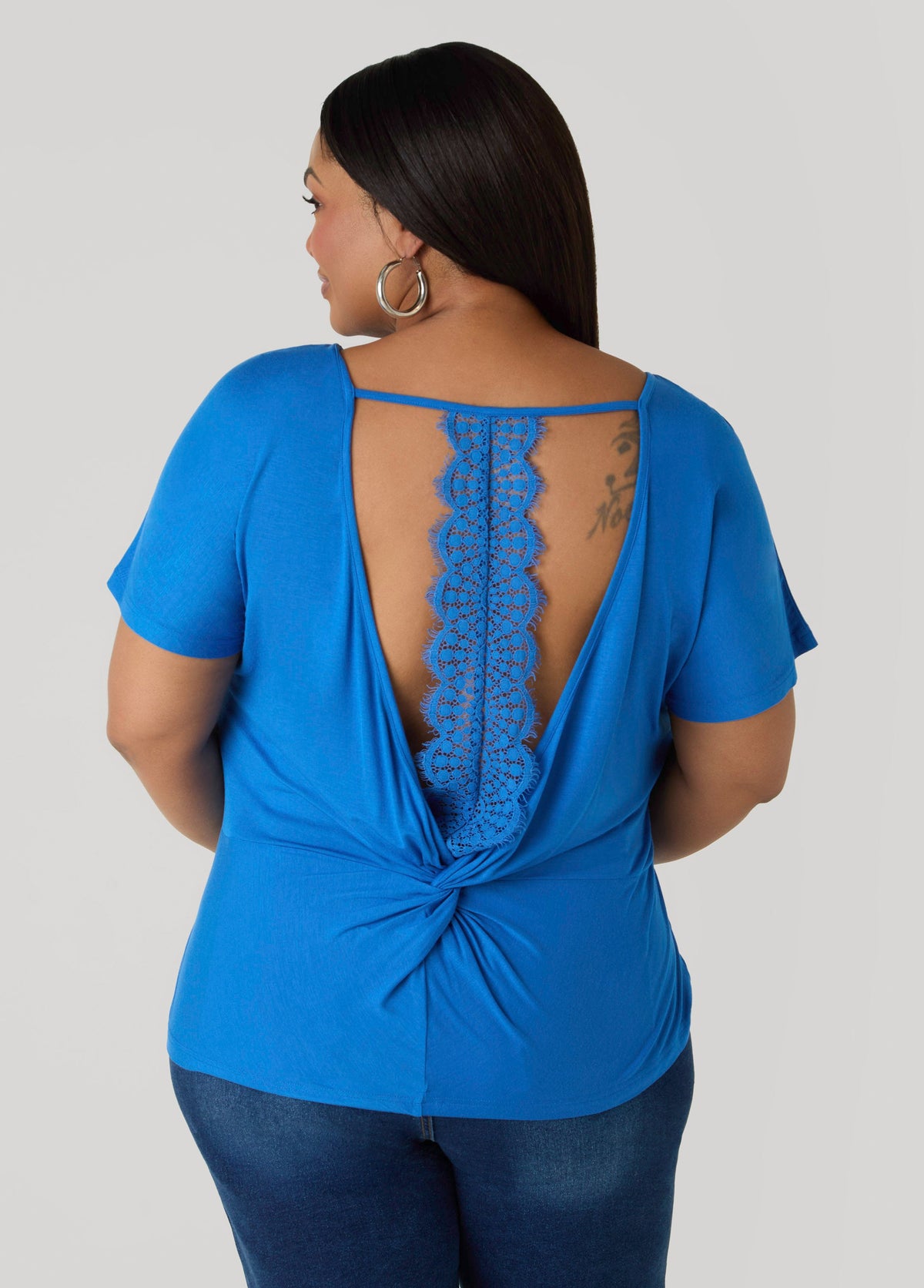 Lace Paneled Open Back Top Victoria Blue | Ashley Stewart