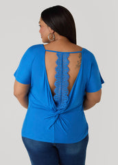 Lace Paneled Open Back Top Victoria Blue | Ashley Stewart