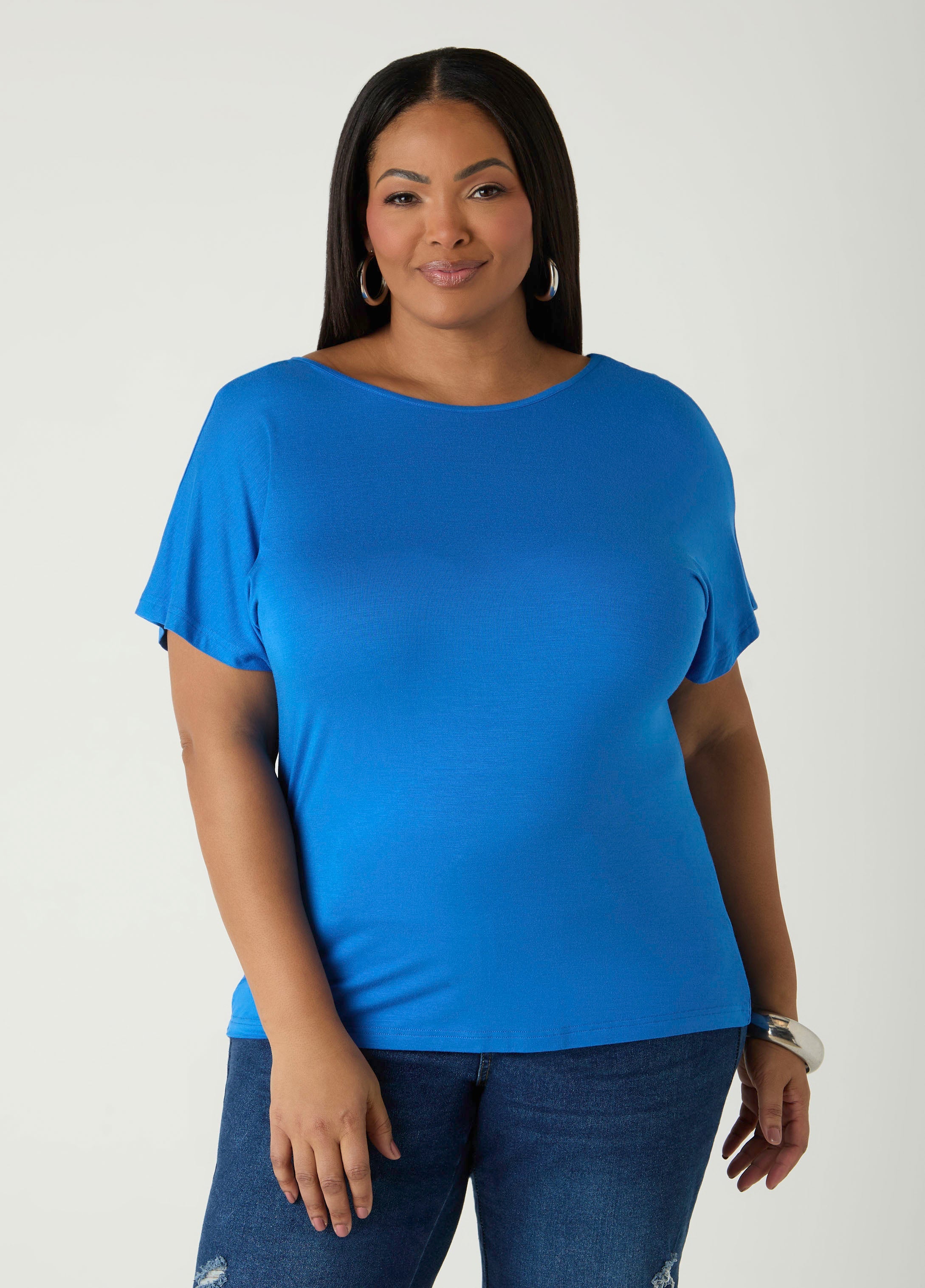 Lace Paneled Open Back Top Victoria Blue | Ashley Stewart