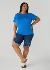 Lace Paneled Open Back Top Victoria Blue | Ashley Stewart