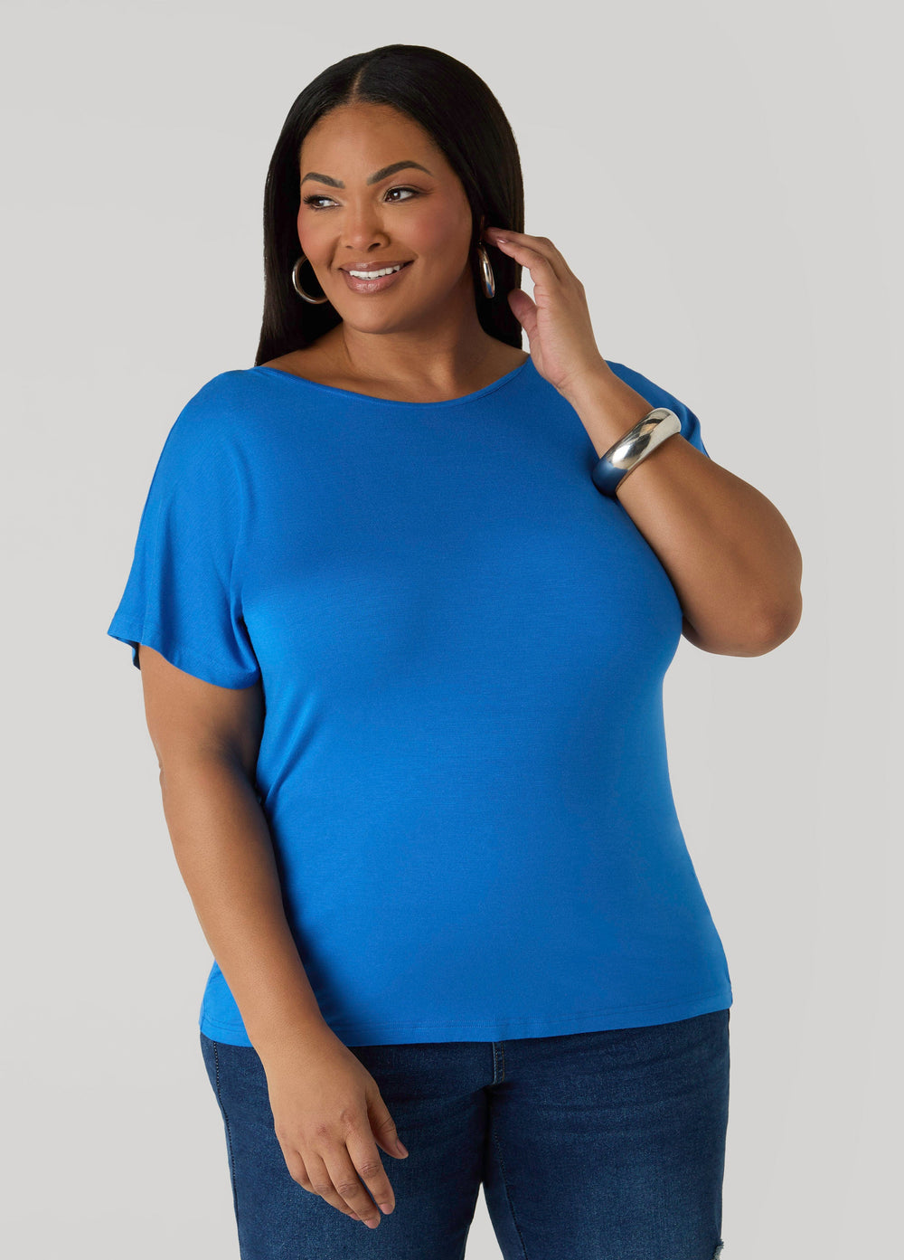 Lace Paneled Open Back Top Victoria Blue | Ashley Stewart