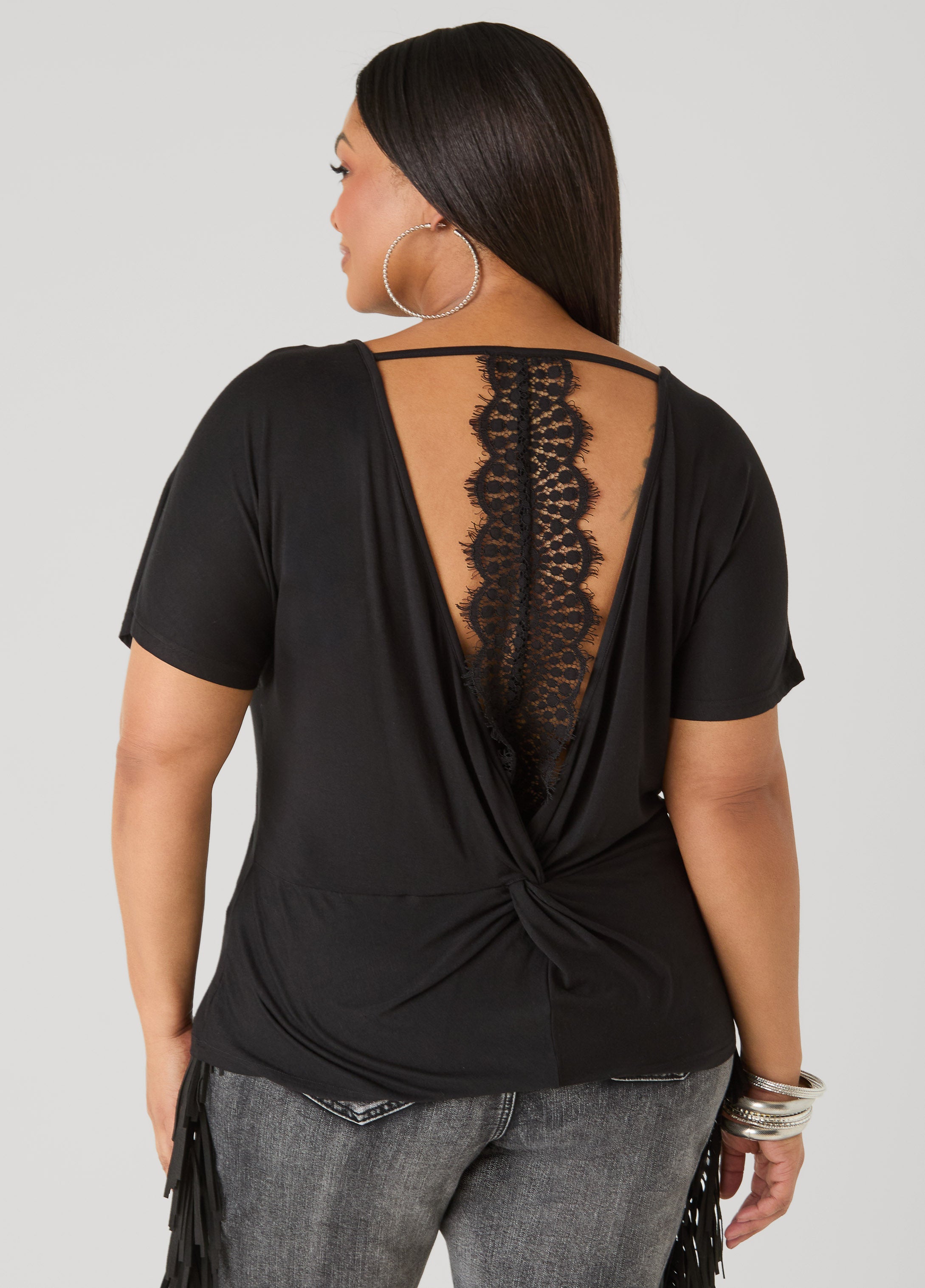 Lace Paneled Open Back Top Victoria Blue | Ashley Stewart
