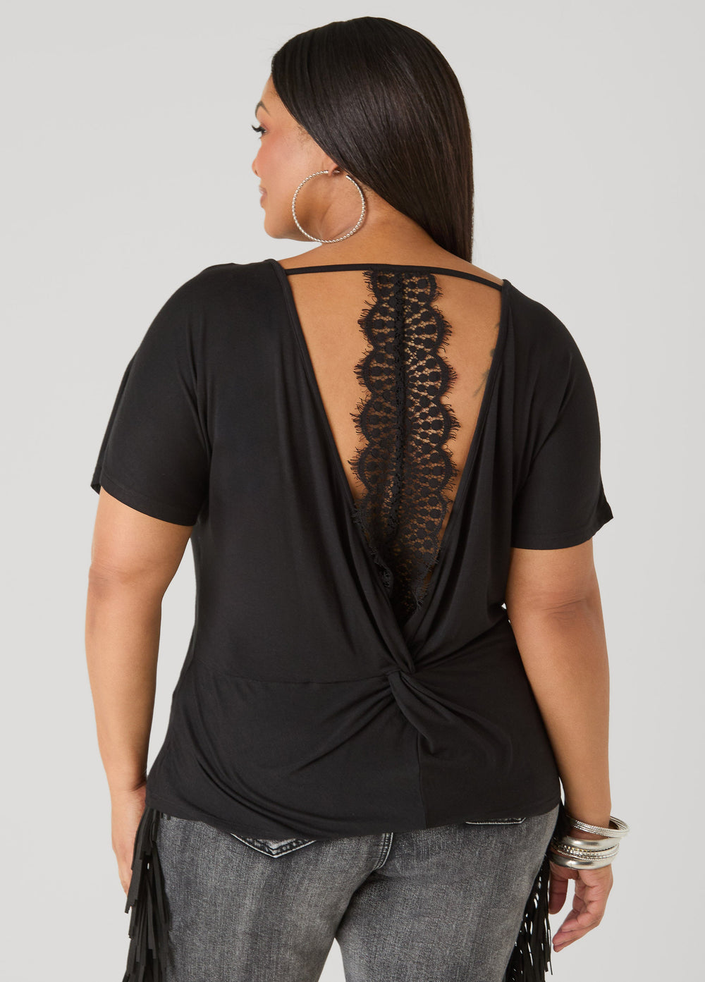 Lace Paneled Open Back Top Victoria Blue | Ashley Stewart
