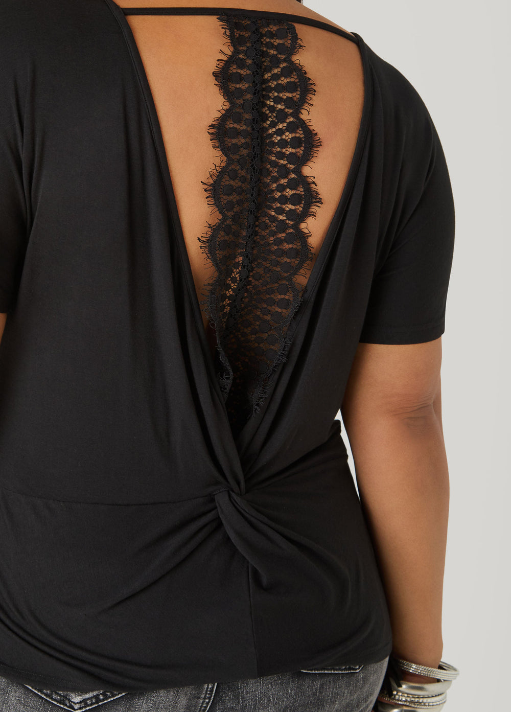 Lace Paneled Open Back Top Victoria Blue | Ashley Stewart
