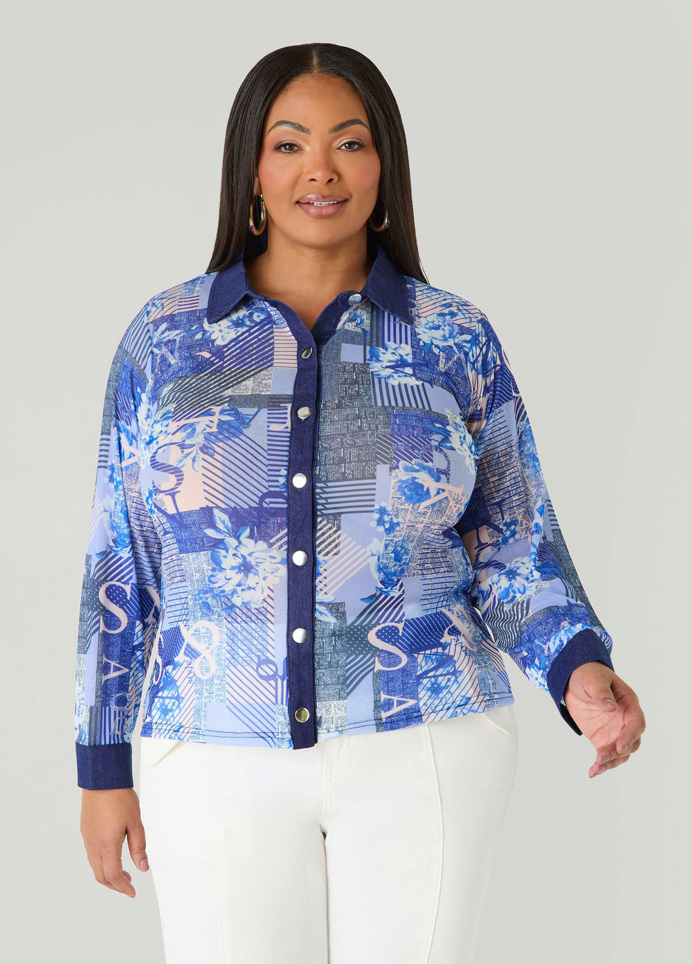 Denim Trimmed Printed Mesh Shirt Denim Blue | Ashley Stewart