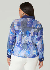 Denim Trimmed Printed Mesh Shirt Denim Blue | Ashley Stewart