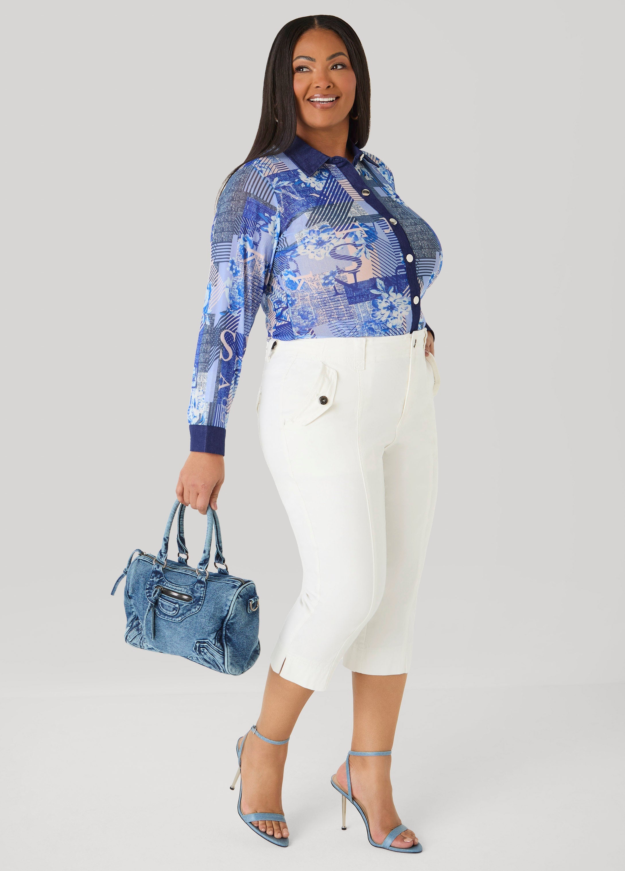 Denim Trimmed Printed Mesh Shirt Denim Blue | Ashley Stewart