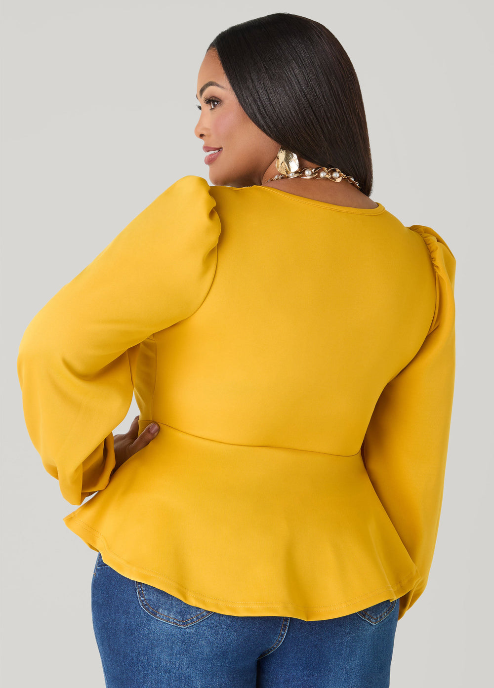 Puff Sleeved Peplum Top Foxglove | Ashley Stewart