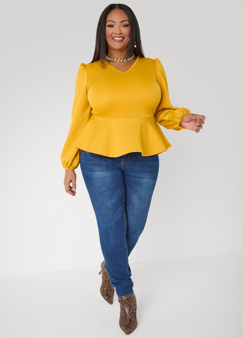 Puff Sleeved Peplum Top Foxglove | Ashley Stewart