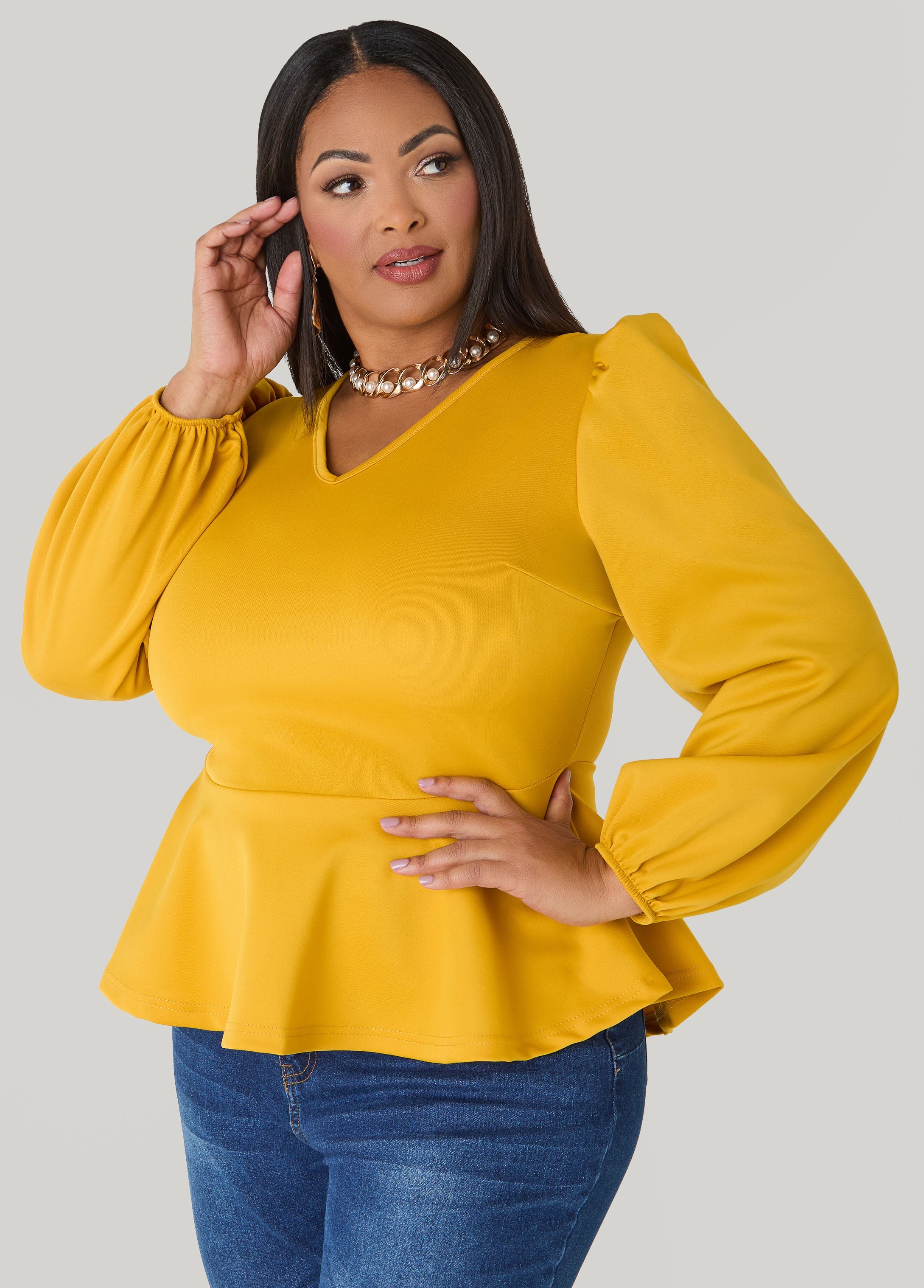 Puff Sleeved Peplum Top Foxglove | Ashley Stewart