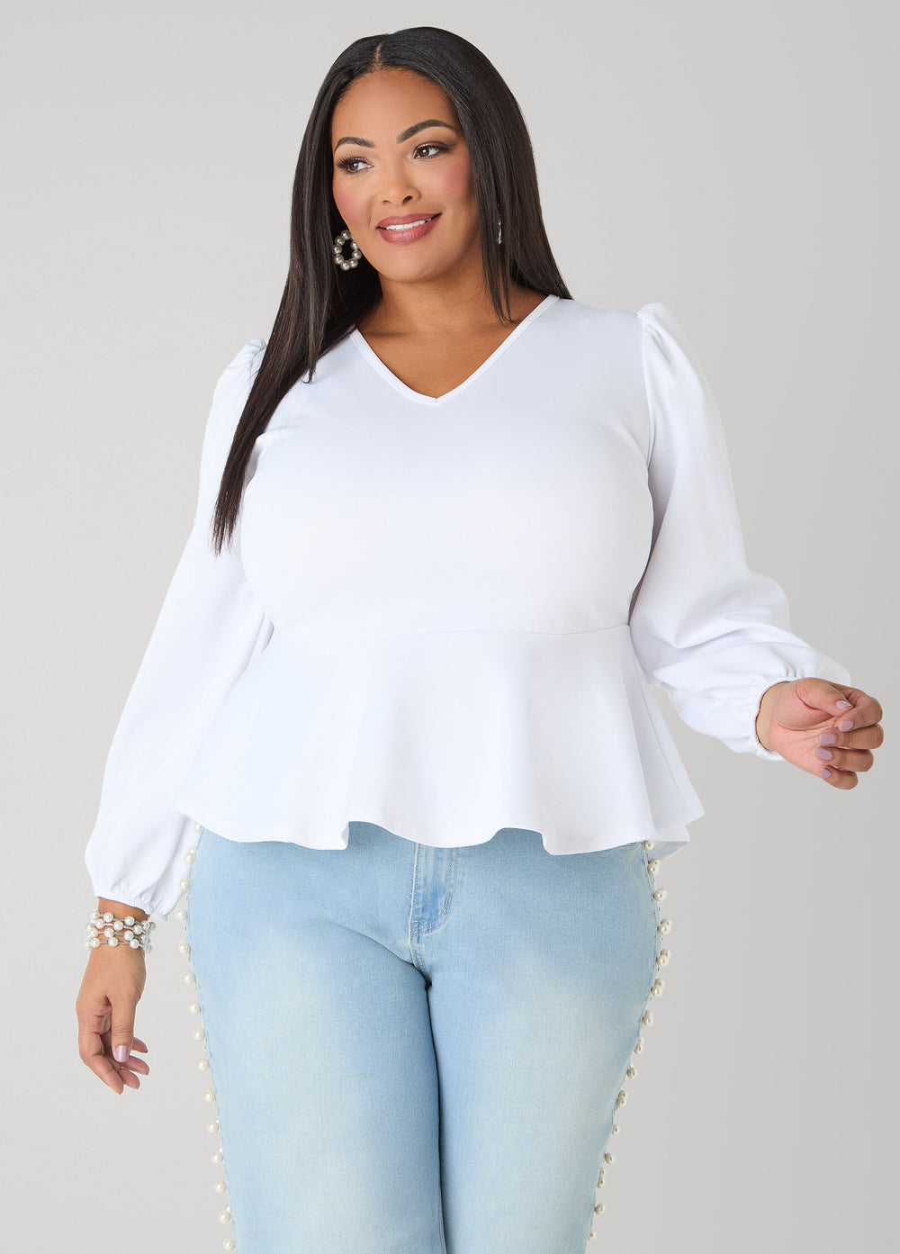 Puff Sleeved Peplum Top Foxglove | Ashley Stewart