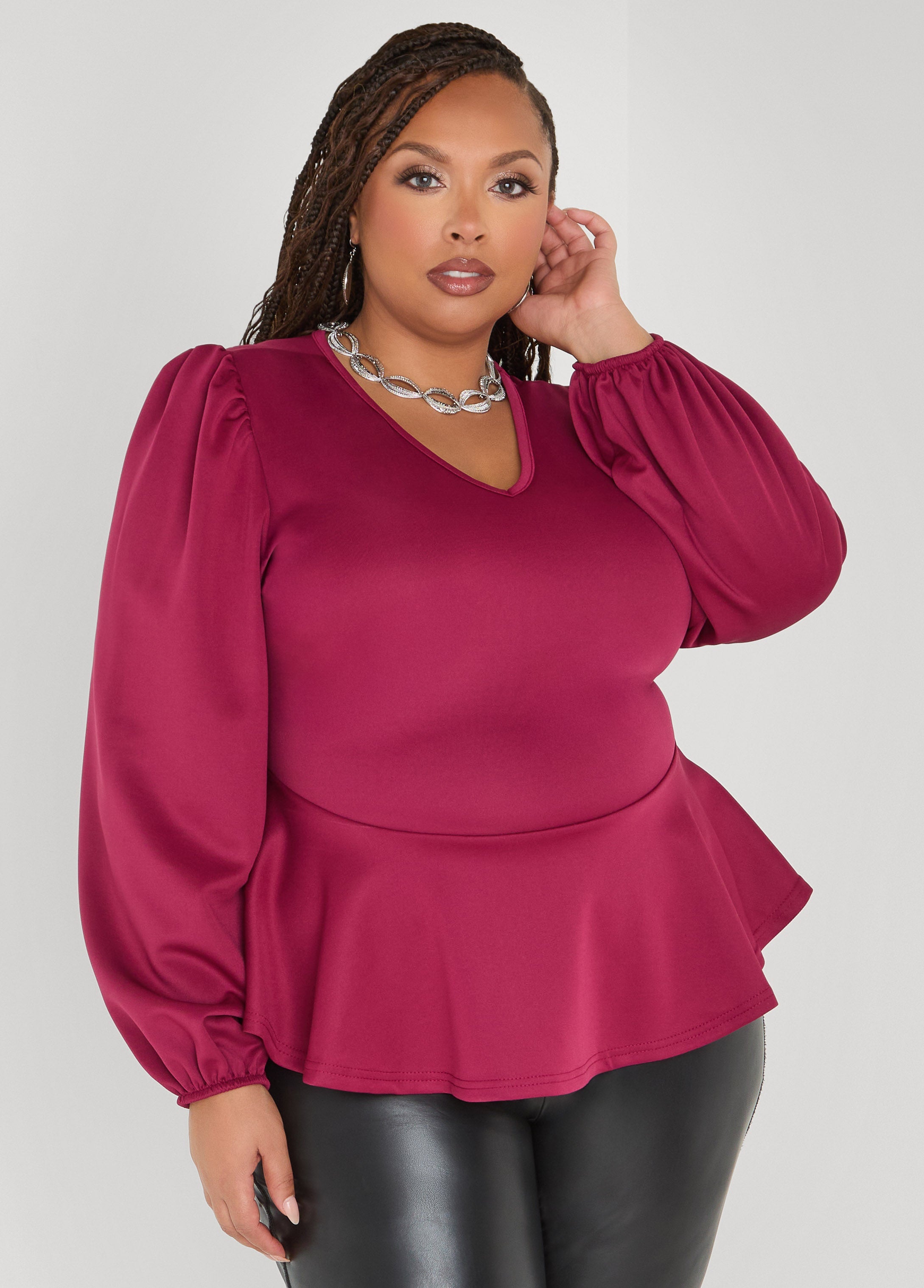 Puff Sleeved Peplum Top Foxglove | Ashley Stewart