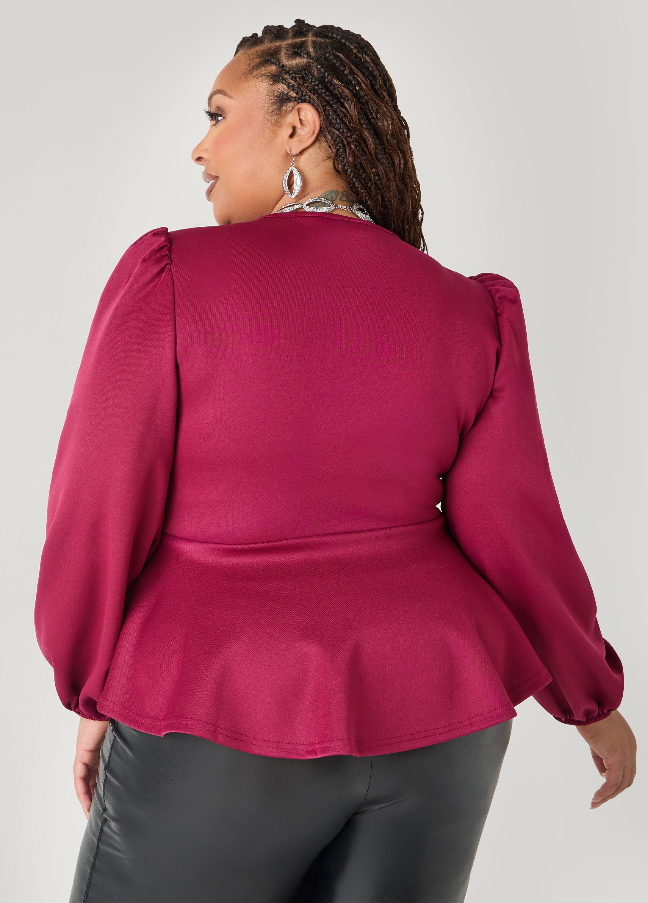 Puff Sleeved Peplum Top Foxglove | Ashley Stewart