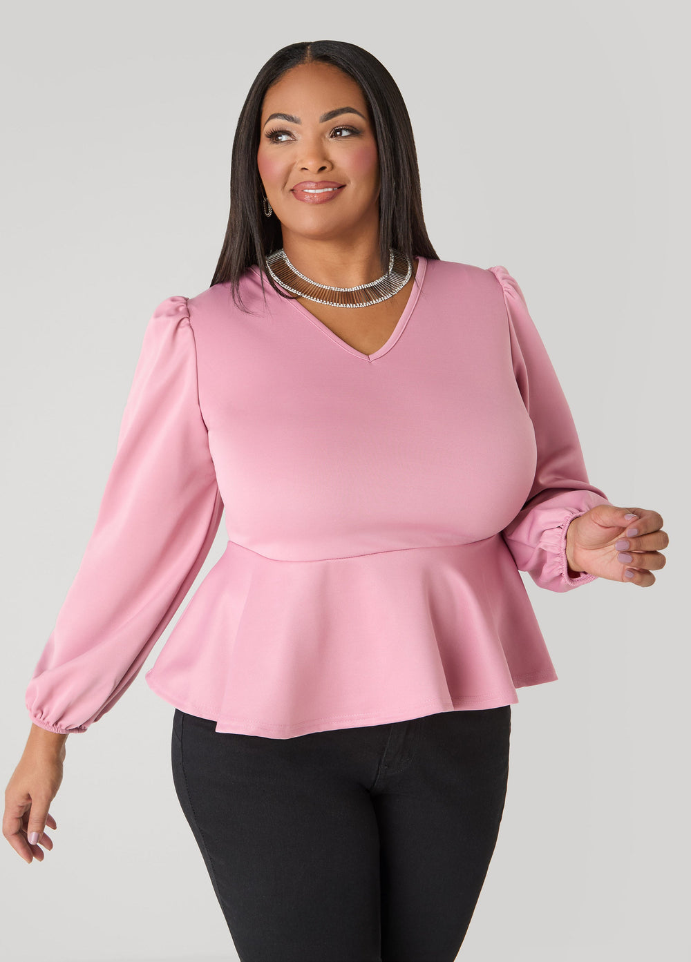 Puff Sleeved Peplum Top Foxglove | Ashley Stewart