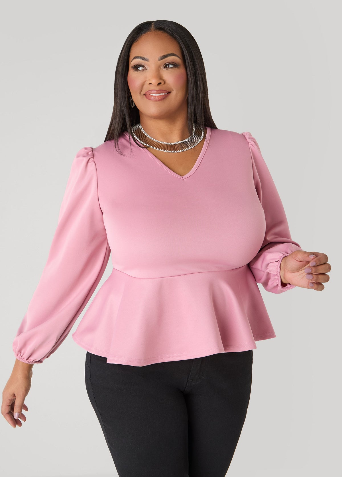 Puff Sleeved Peplum Top Foxglove | Ashley Stewart