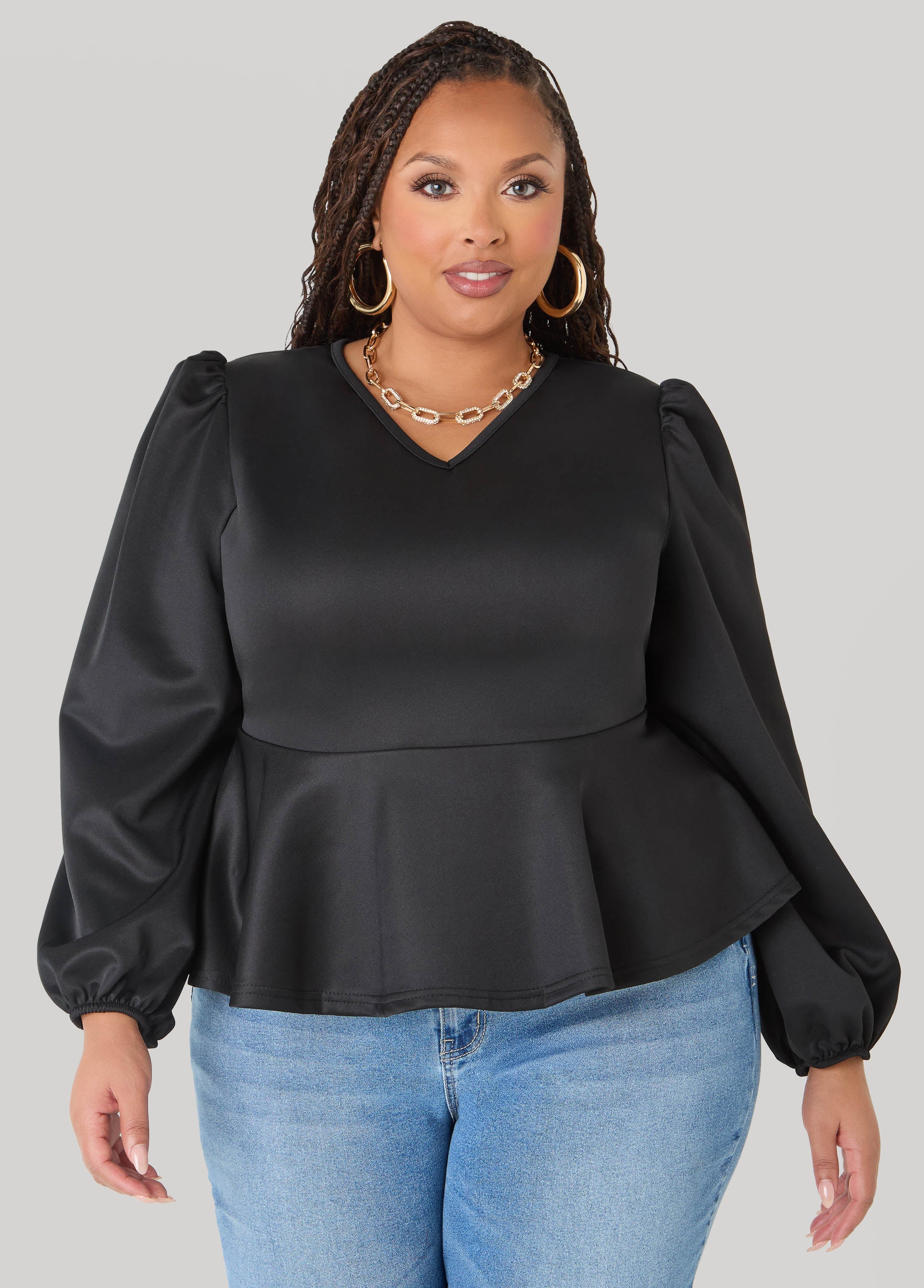 Puff Sleeved Peplum Top Foxglove | Ashley Stewart