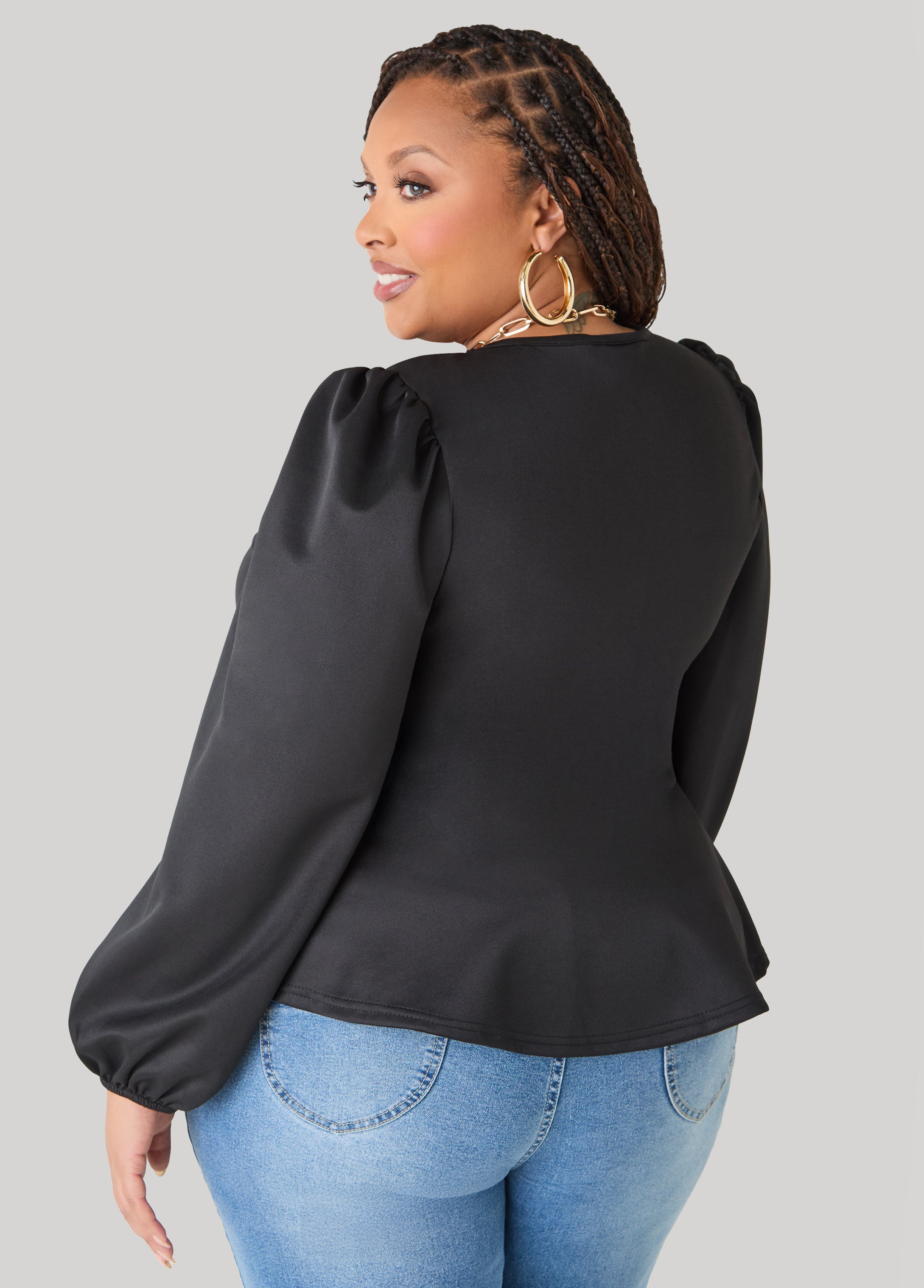 Puff Sleeved Peplum Top Foxglove | Ashley Stewart