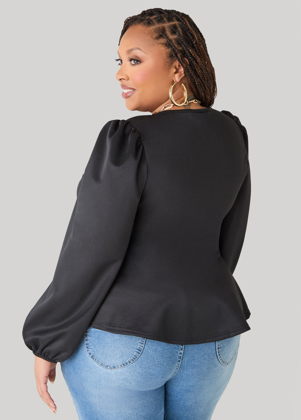Puff Sleeved Peplum Top Foxglove | Ashley Stewart