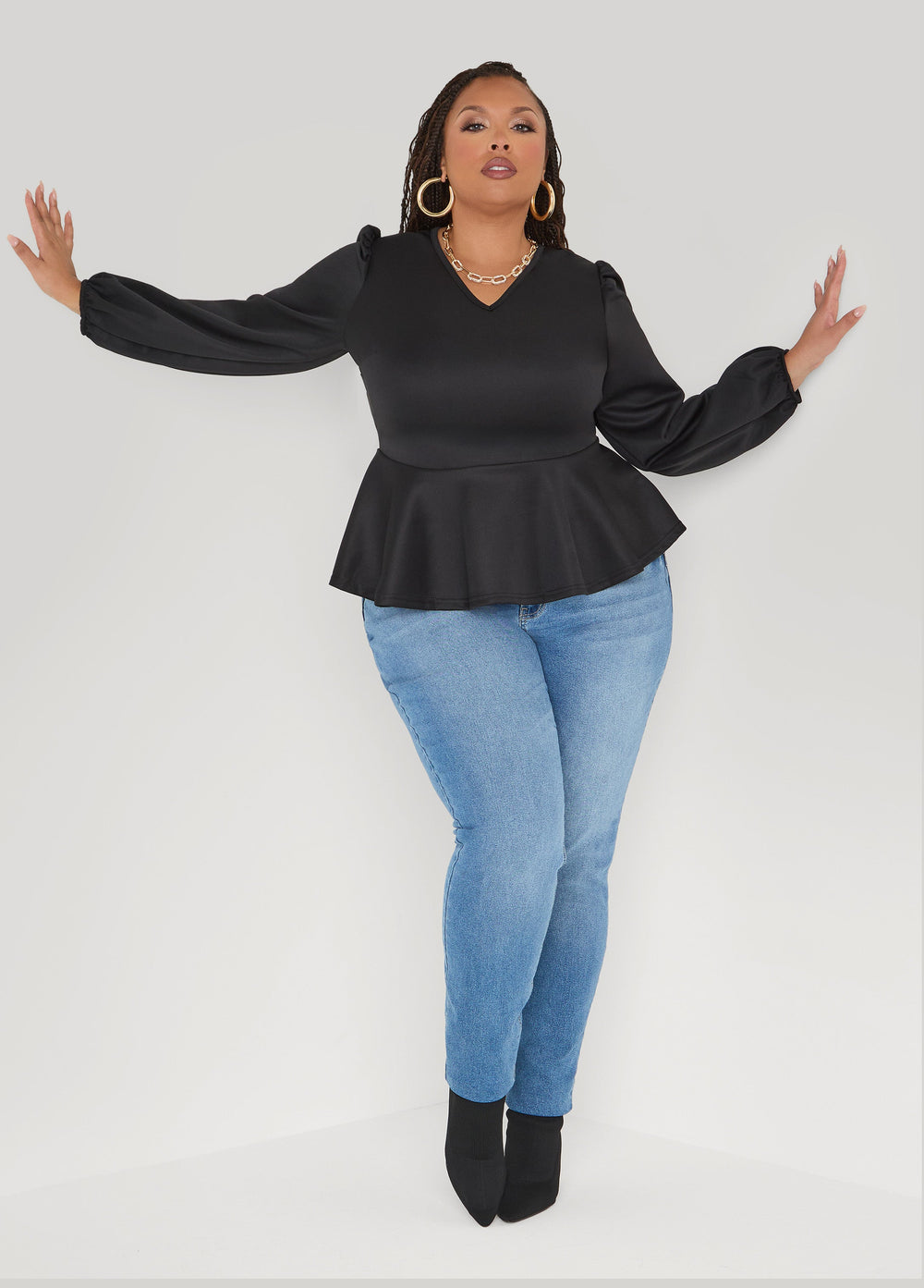 Puff Sleeved Peplum Top Foxglove | Ashley Stewart