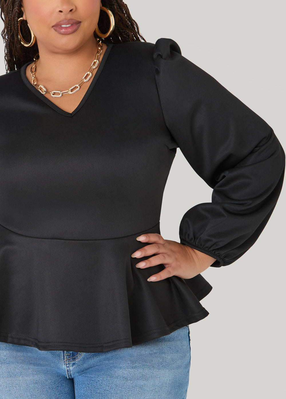 Puff Sleeved Peplum Top Foxglove | Ashley Stewart