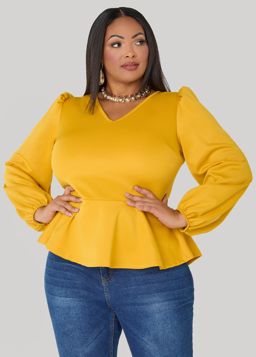 Puff Sleeved Peplum Top Foxglove | Ashley Stewart
