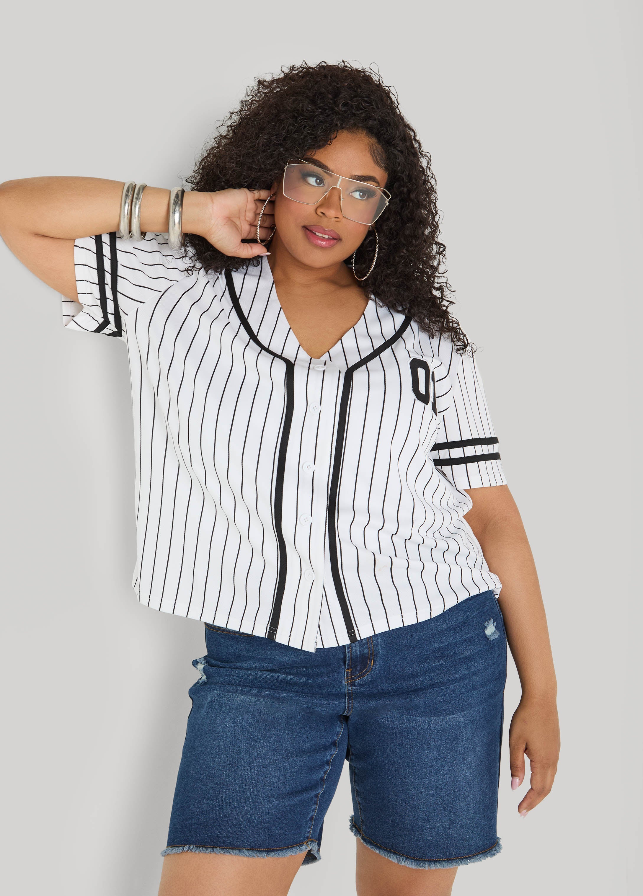 Striped Baseball Jersey Black White | Ashley Stewart