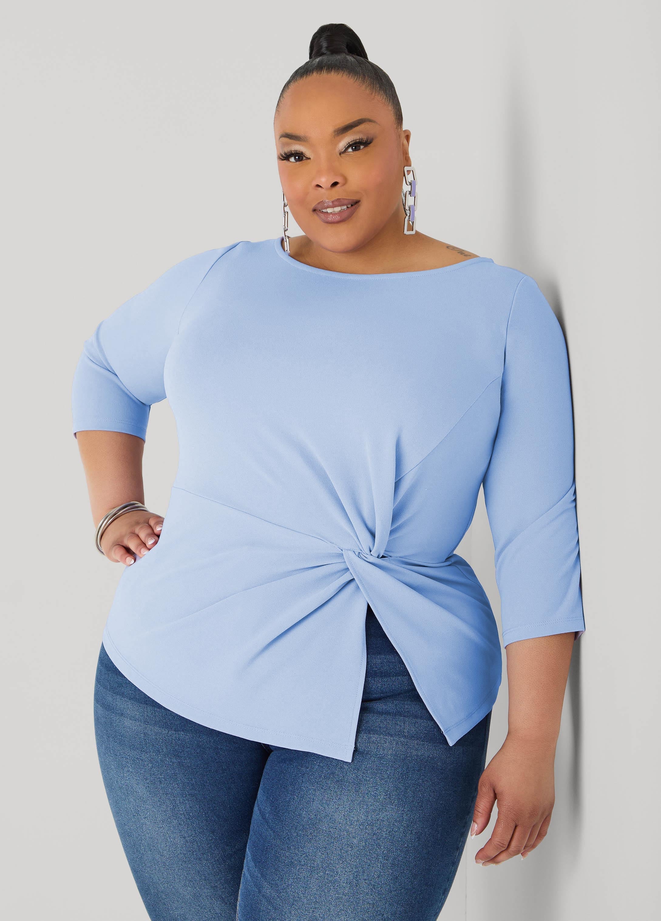 Knotted Boat Neck Top Black | Ashley Stewart