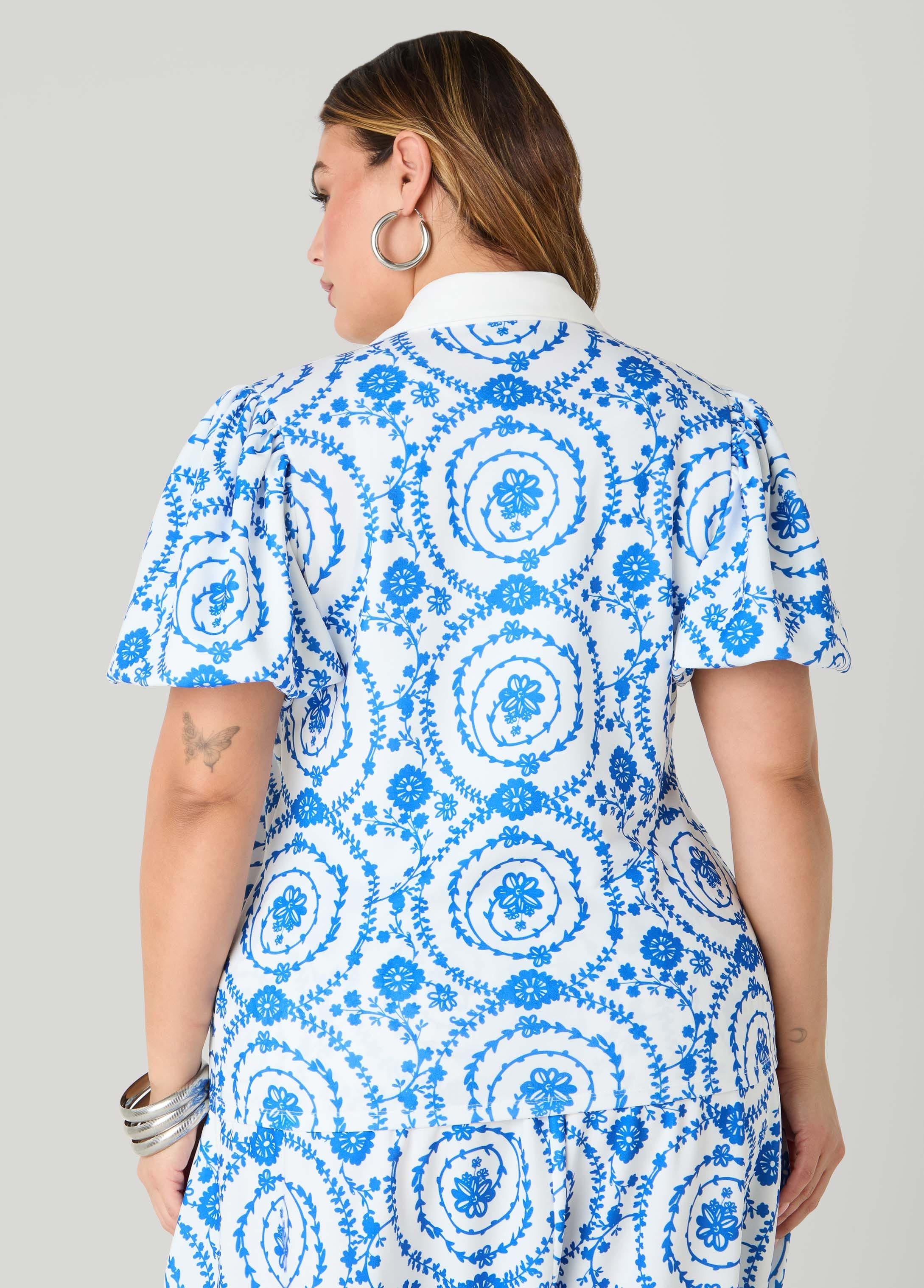Puff Sleeved Floral Print Shirt Victoria Blue | Ashley Stewart