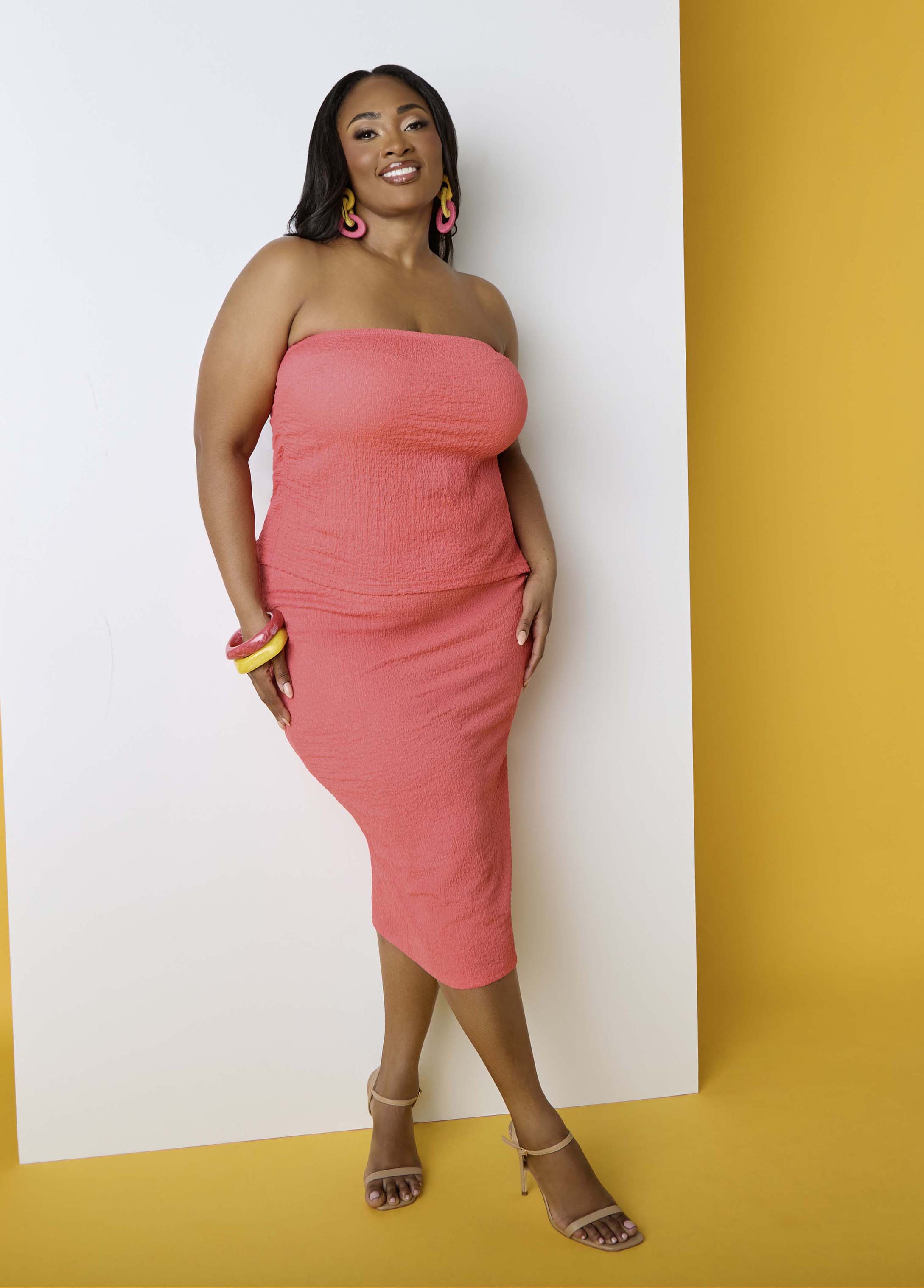 Textured Asymmetric Tube Top Calypso Coral | Ashley Stewart