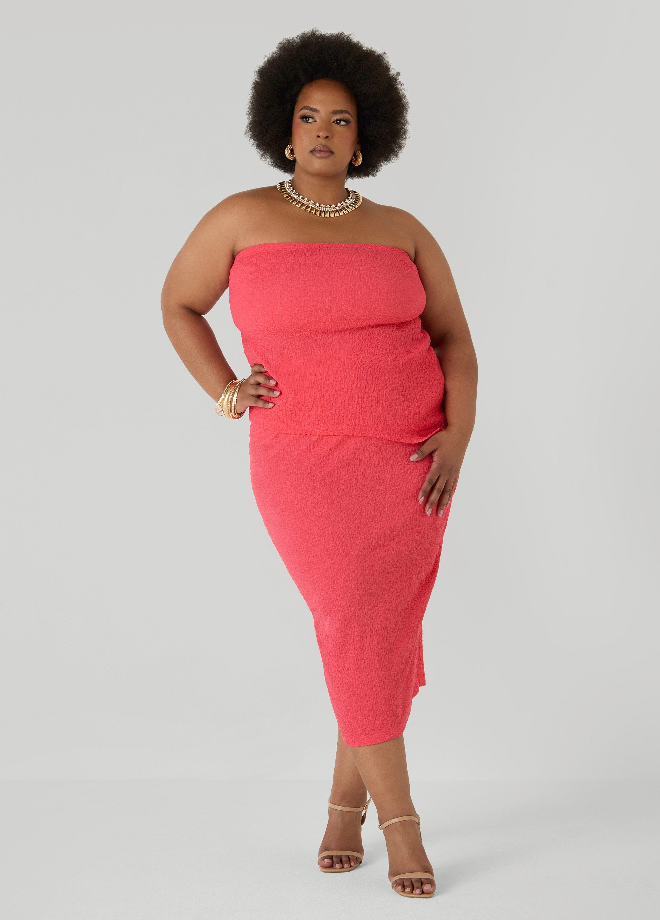 Textured Asymmetric Tube Top Calypso Coral | Ashley Stewart