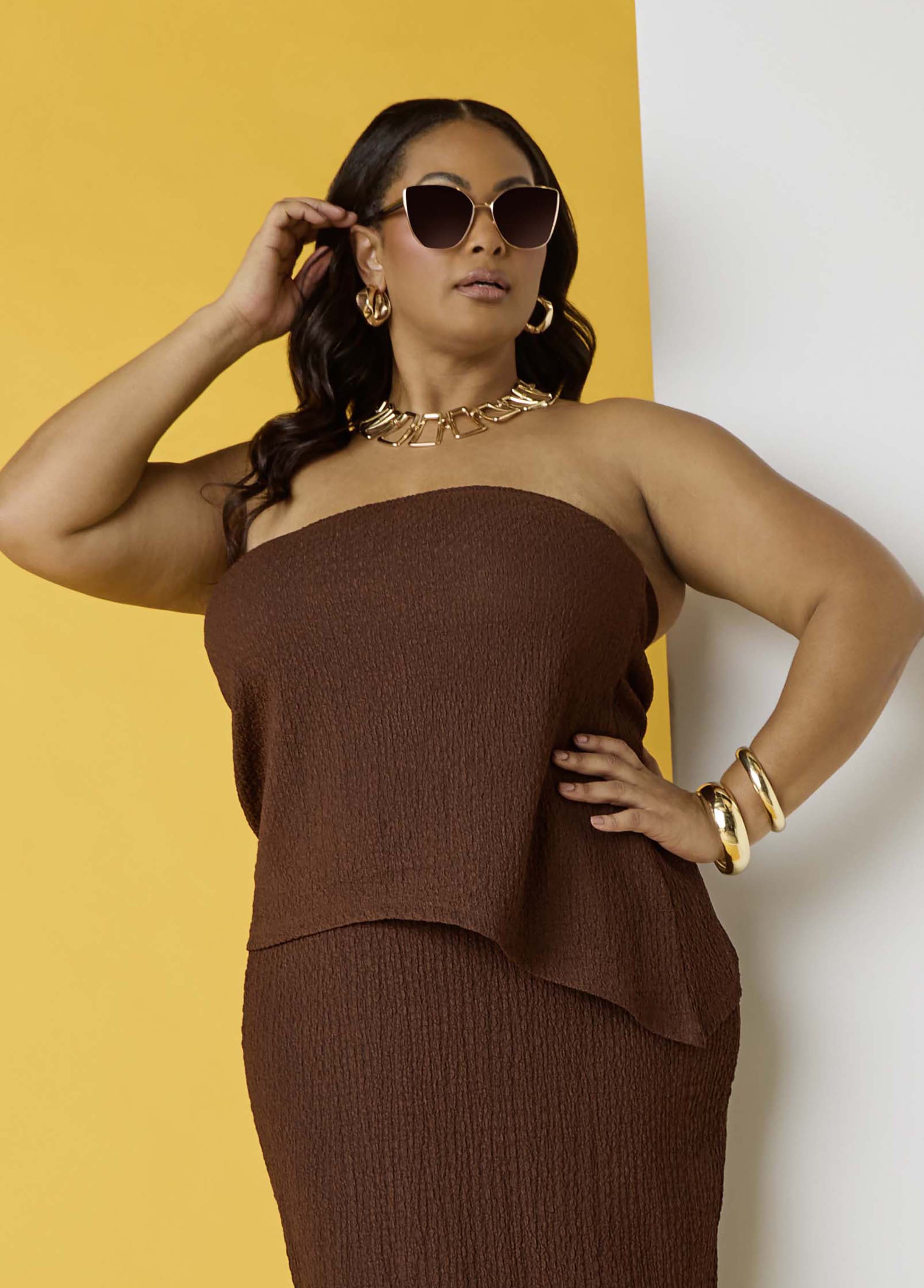 Textured Asymmetric Tube Top Calypso Coral | Ashley Stewart