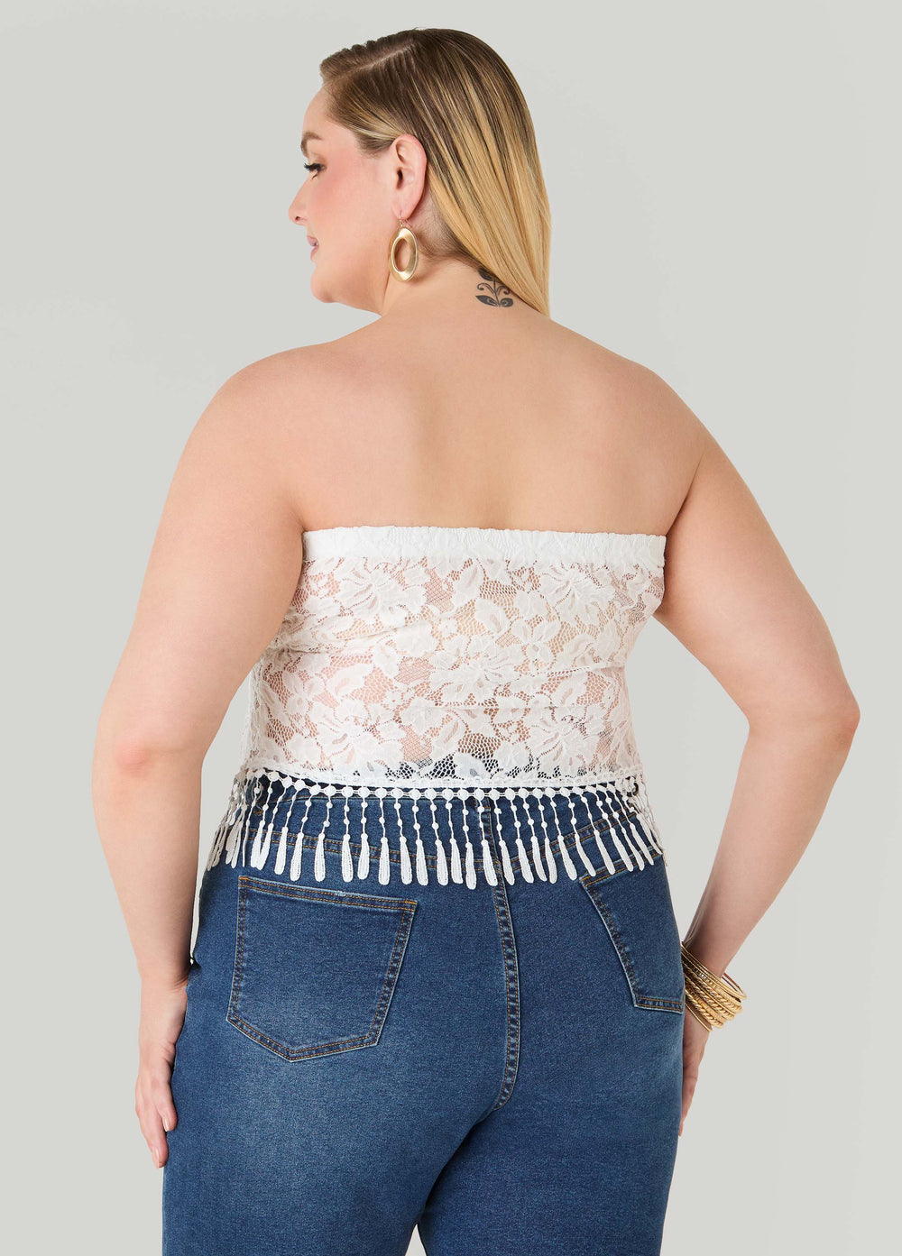 Fringed Floral Lace Tube Top White | Ashley Stewart