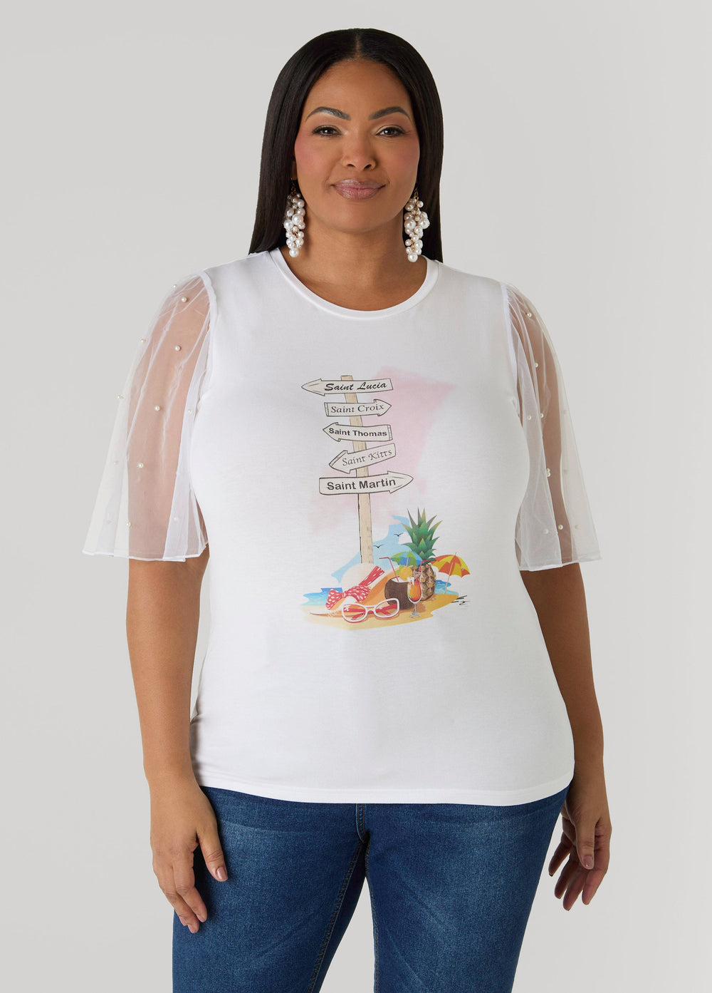 Island Vibes Paneled Graphic Tee White | Ashley Stewart