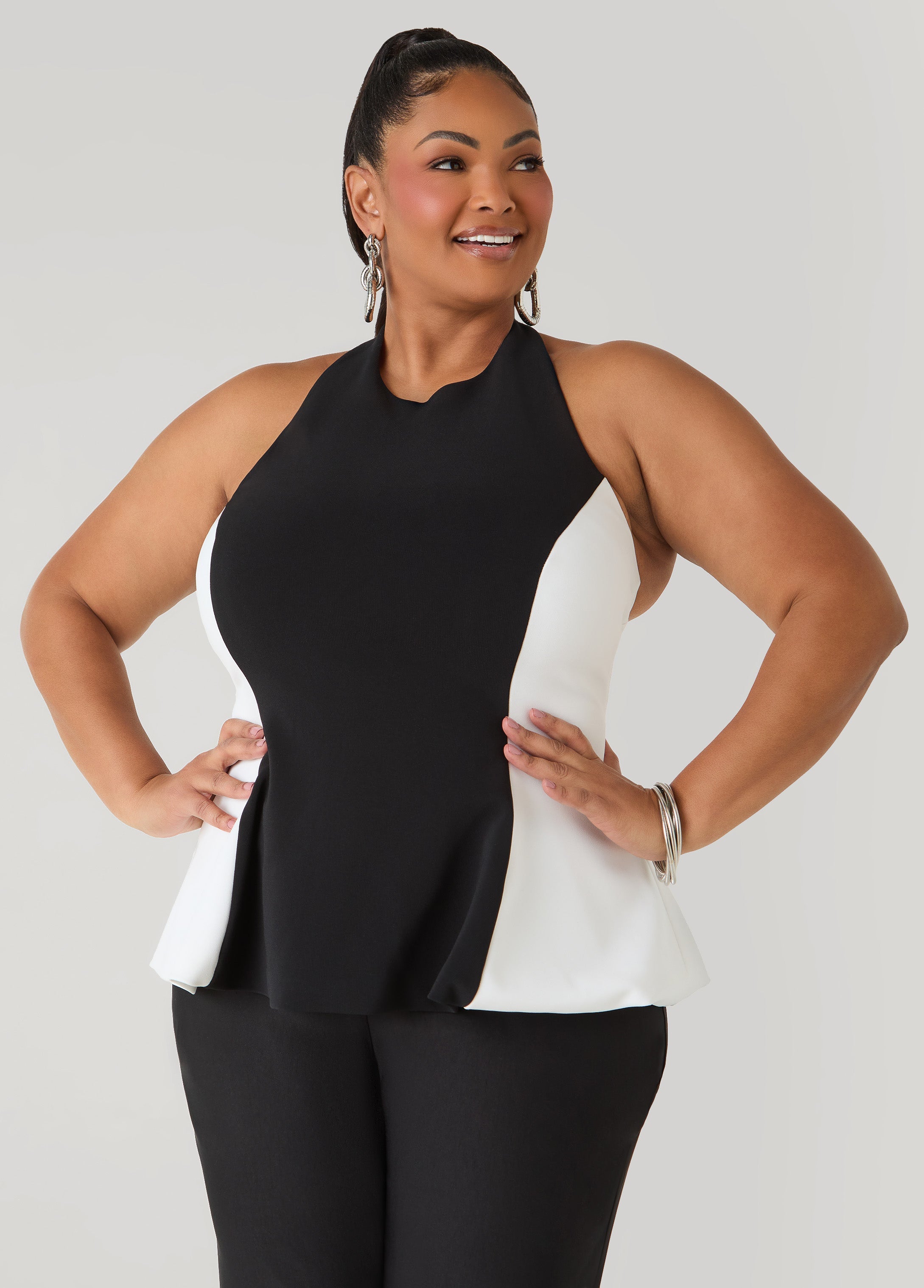 Two Tone Peplum Halter Top Black White | Ashley Stewart