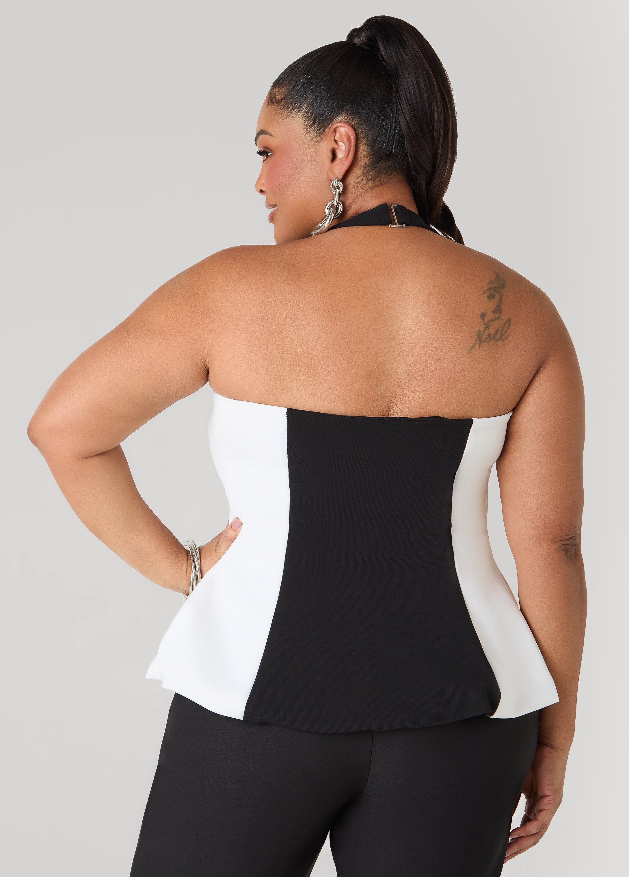 Two Tone Peplum Halter Top Black White | Ashley Stewart