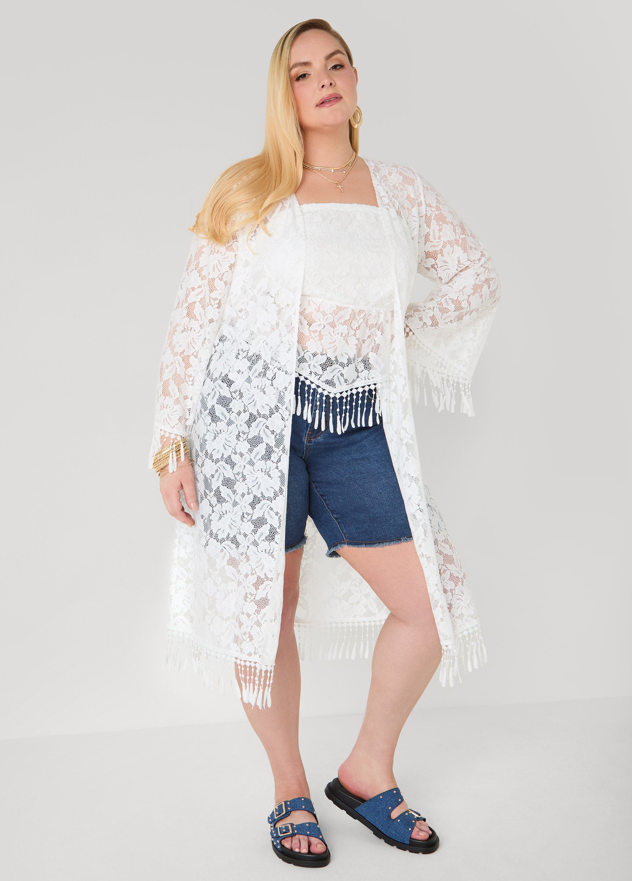 Fringed Floral Lace Duster White | Ashley Stewart