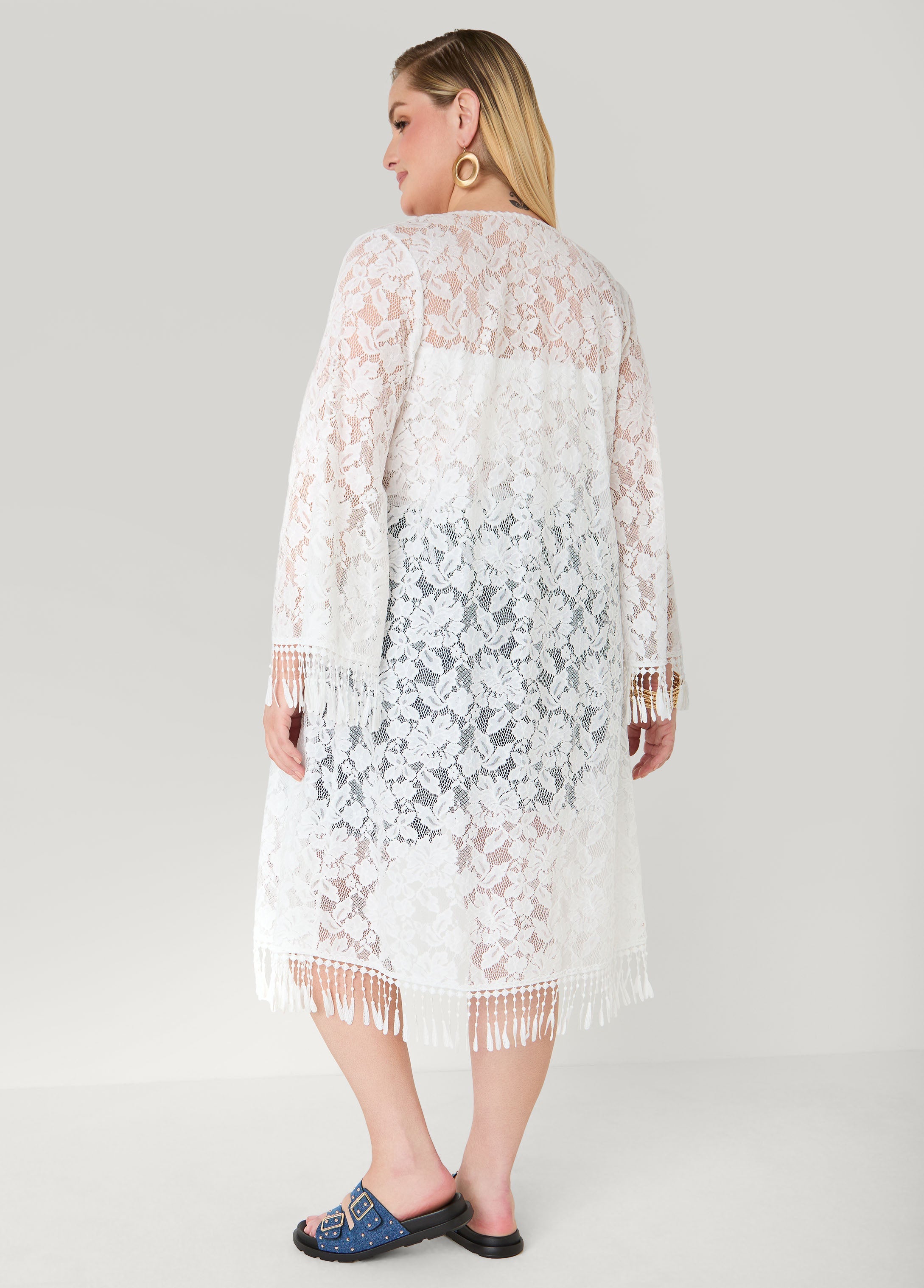 Fringed Floral Lace Duster White | Ashley Stewart