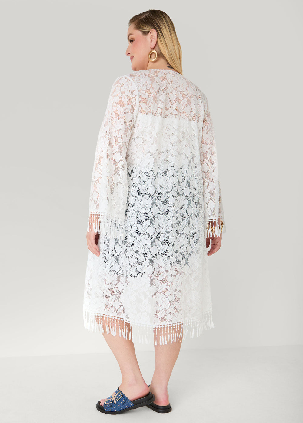 Fringed Floral Lace Duster White | Ashley Stewart