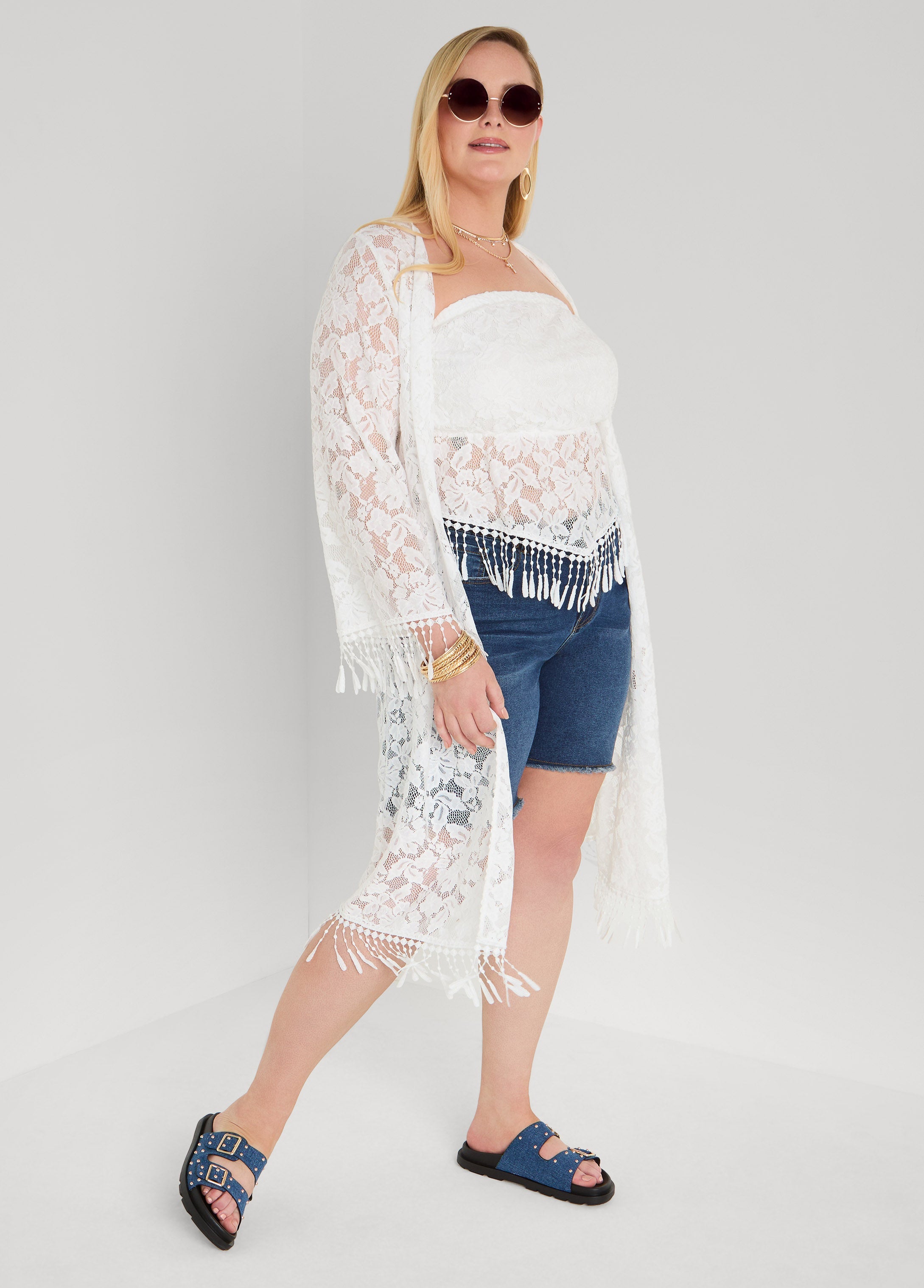 Fringed Floral Lace Duster White | Ashley Stewart