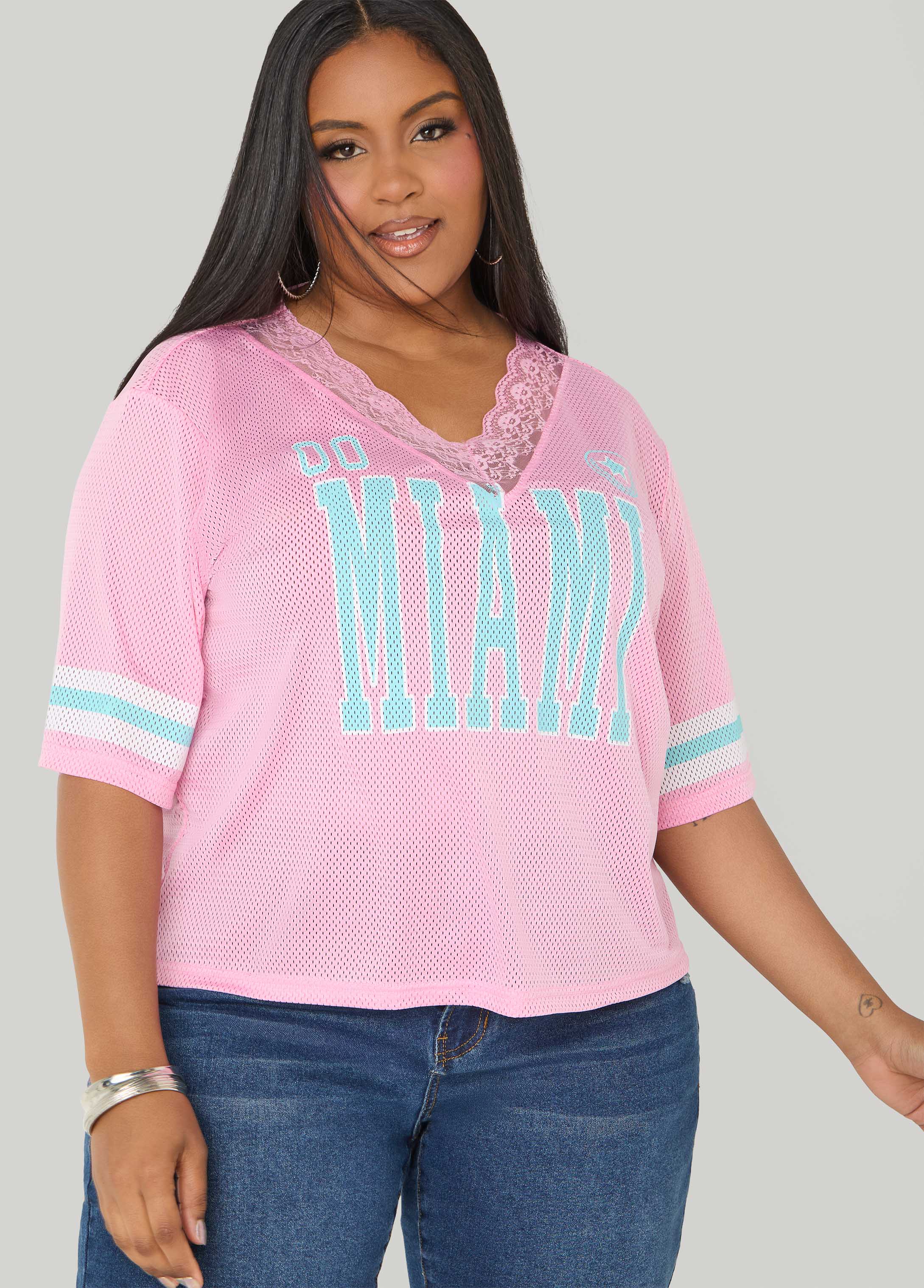 Miami Lace Trimmed Jersey Pink | Ashley Stewart