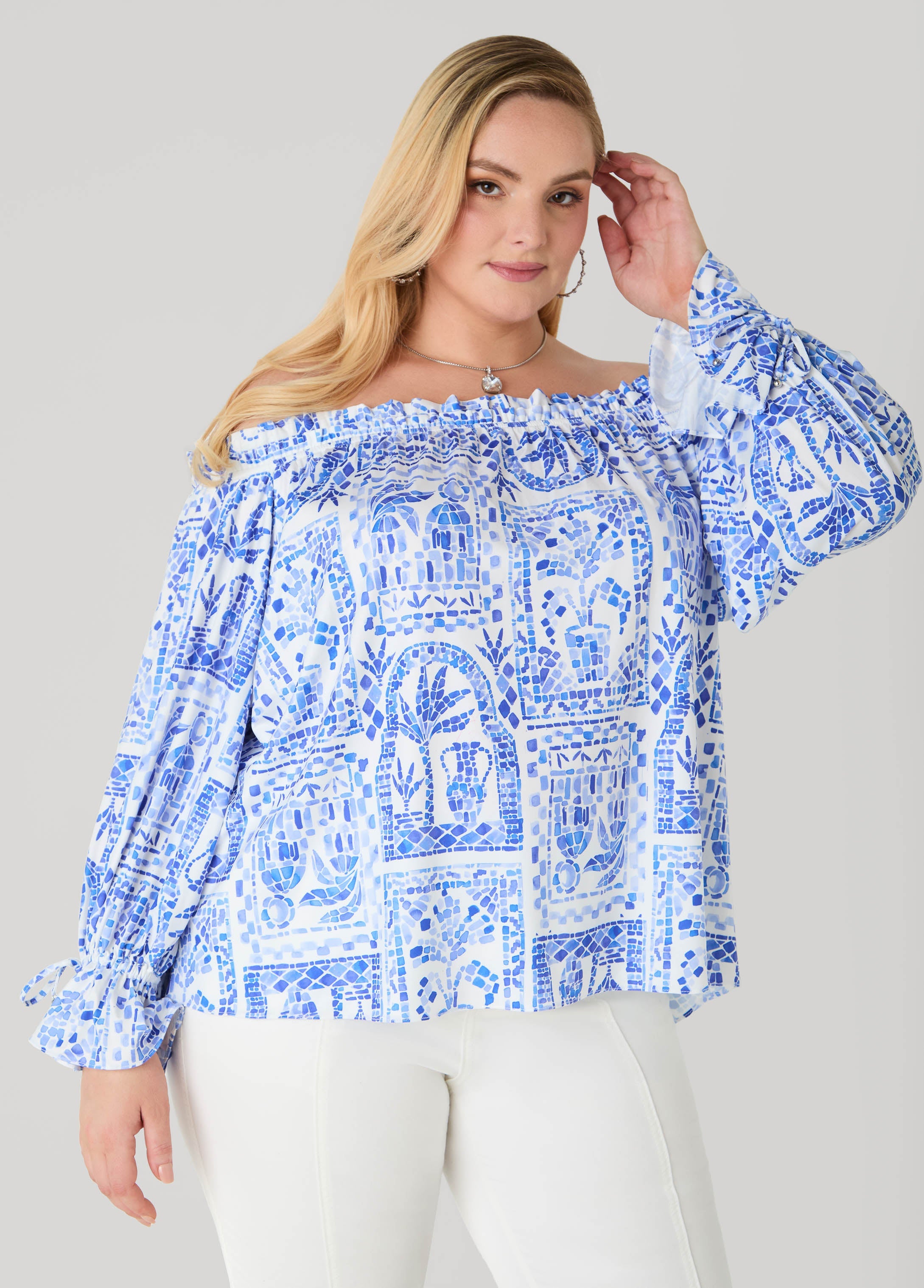 Off The Shoulder Tile Print Top Multi | Ashley Stewart