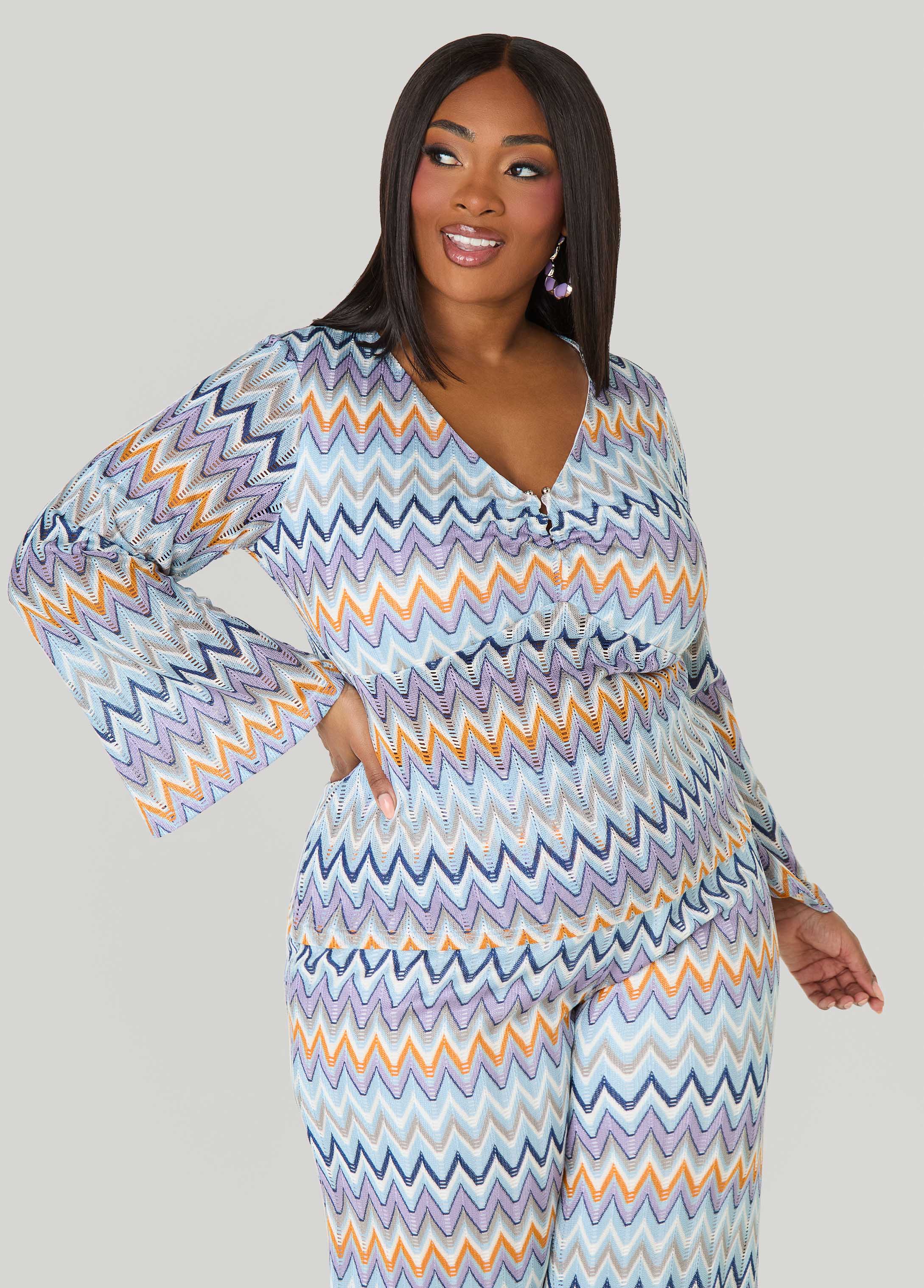 U Ring Chevron Knit Top Multi | Ashley Stewart