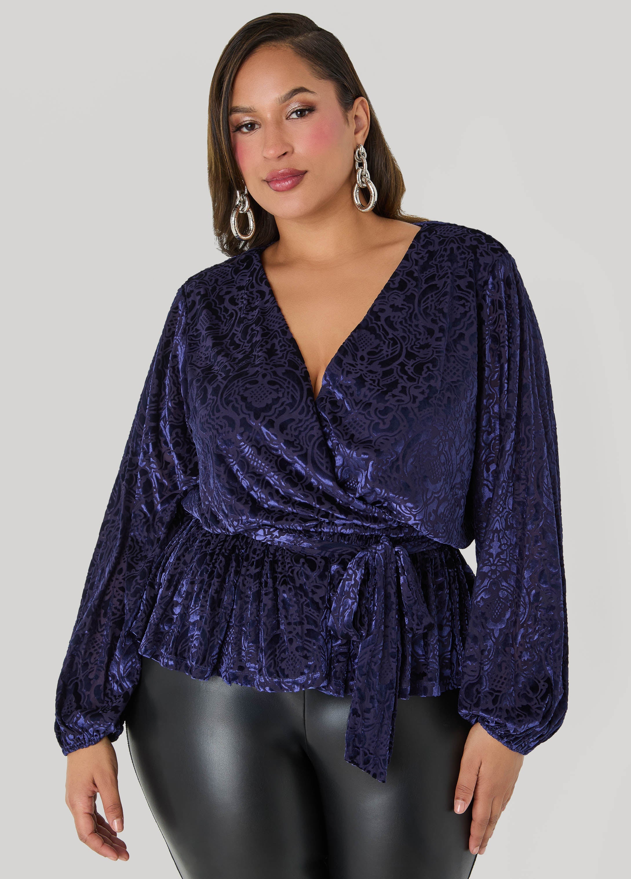 Burnout Velvet Faux Wrap Top Navy | Ashley Stewart