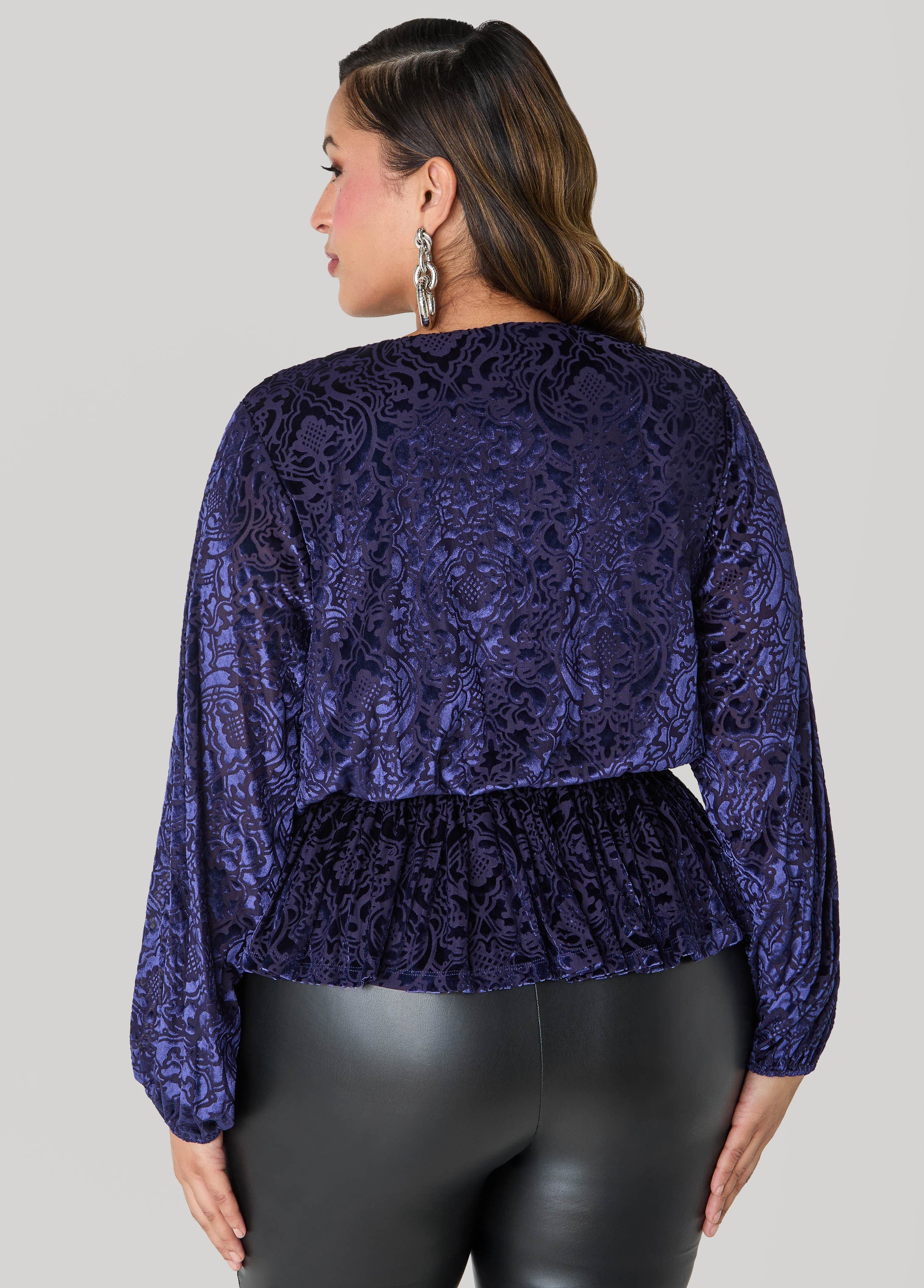 Burnout Velvet Faux Wrap Top Navy | Ashley Stewart