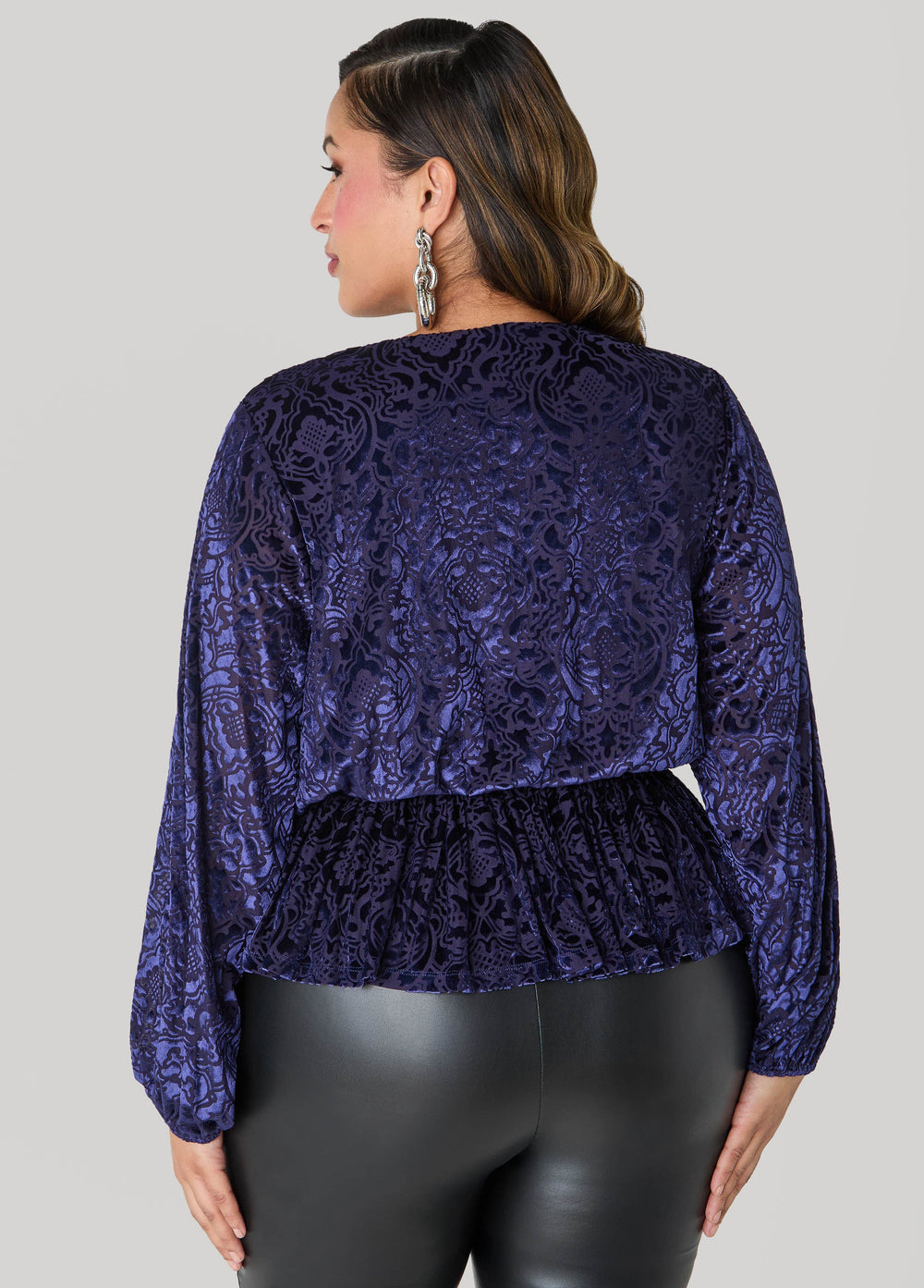 Burnout Velvet Faux Wrap Top Navy | Ashley Stewart