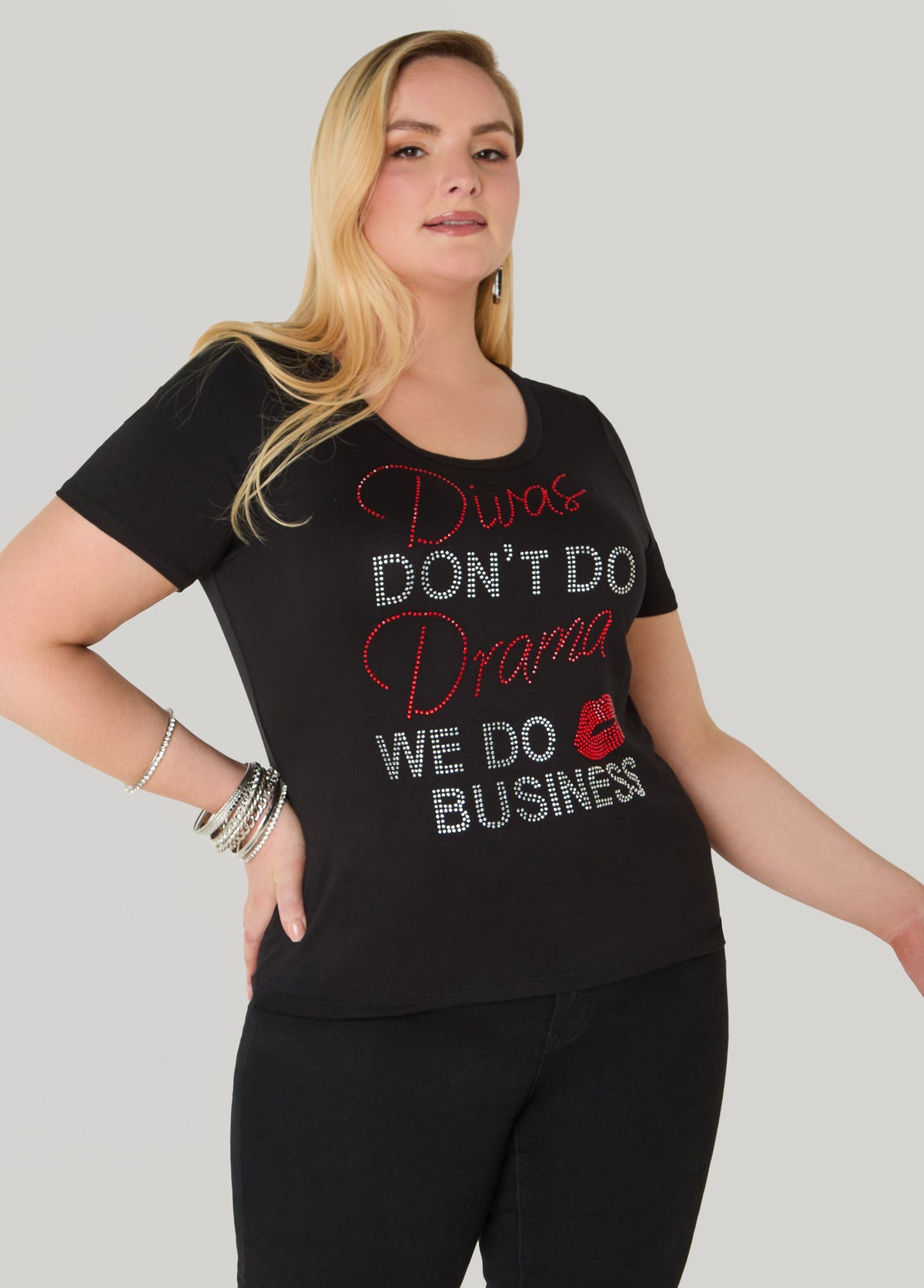Divas Dont Do Drama Crystal Tee Black | Ashley Stewart