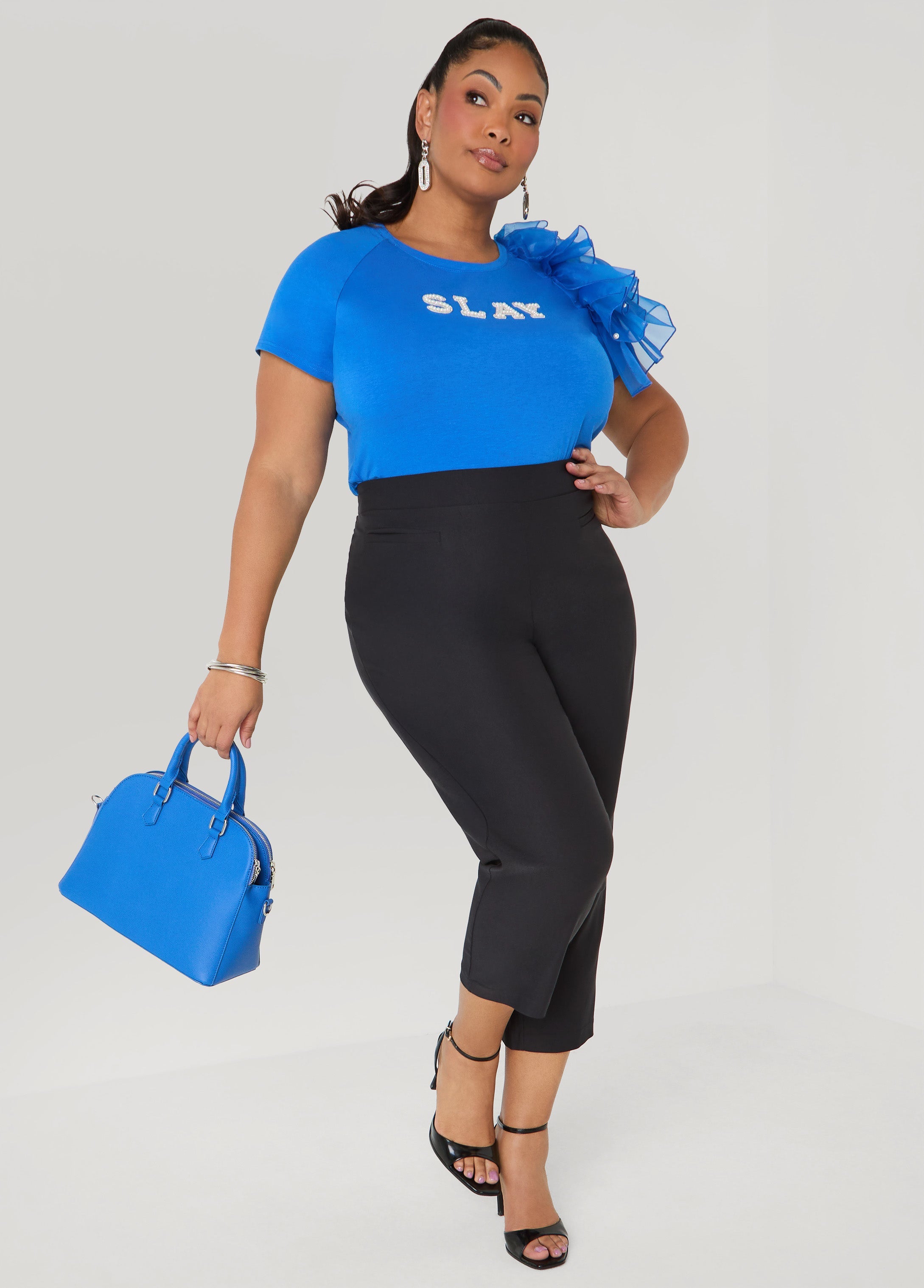 Slay Embellished Ruffled Tee Victoria Blue | Ashley Stewart