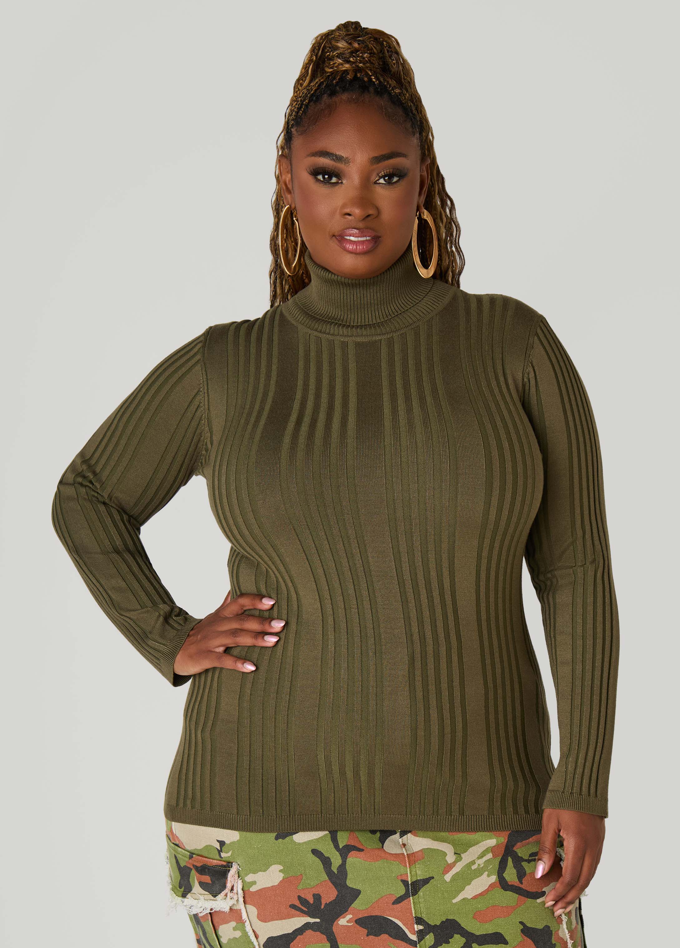 Turtleneck Ribbed Knit Sweater White | Ashley Stewart
