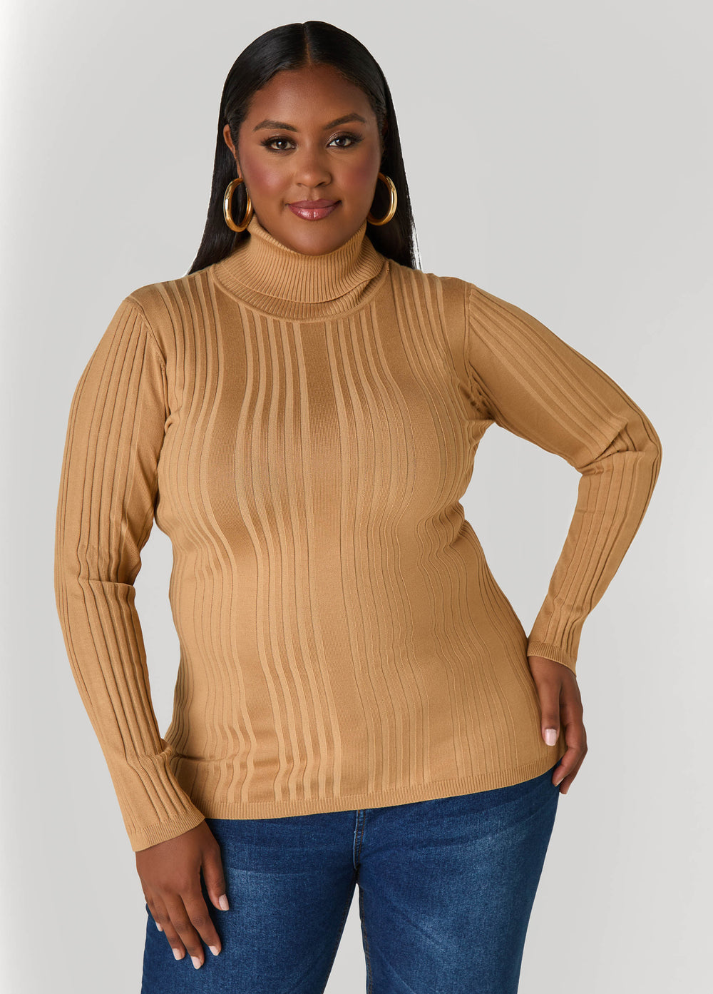 Turtleneck Ribbed Knit Sweater White | Ashley Stewart