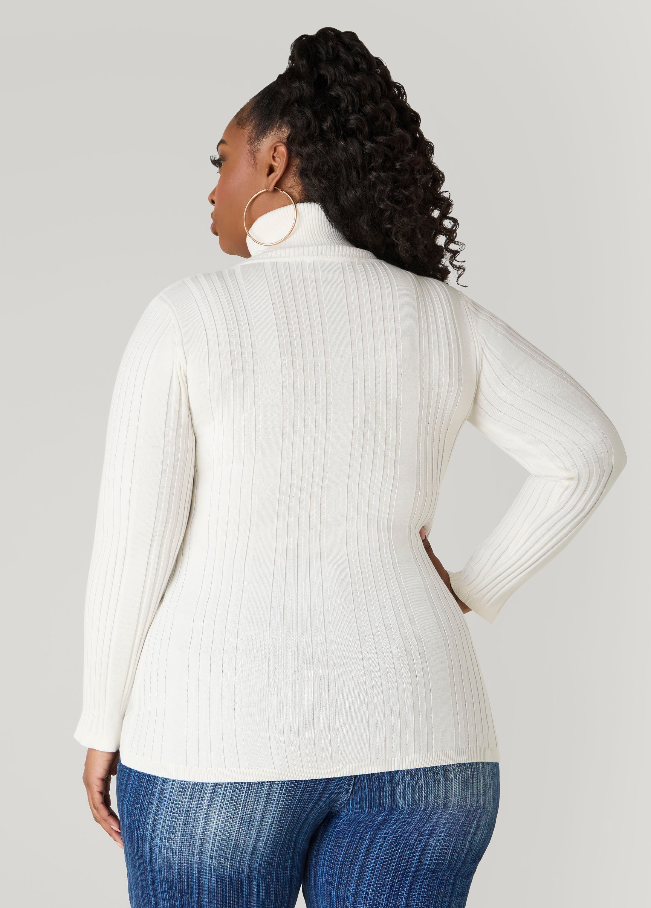 Turtleneck Ribbed Knit Sweater White | Ashley Stewart
